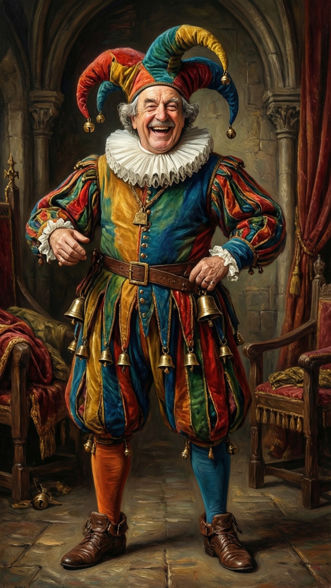Peter Ustinov, medieval jester, colorful motley outfit, Full HD Phone Wallpaper