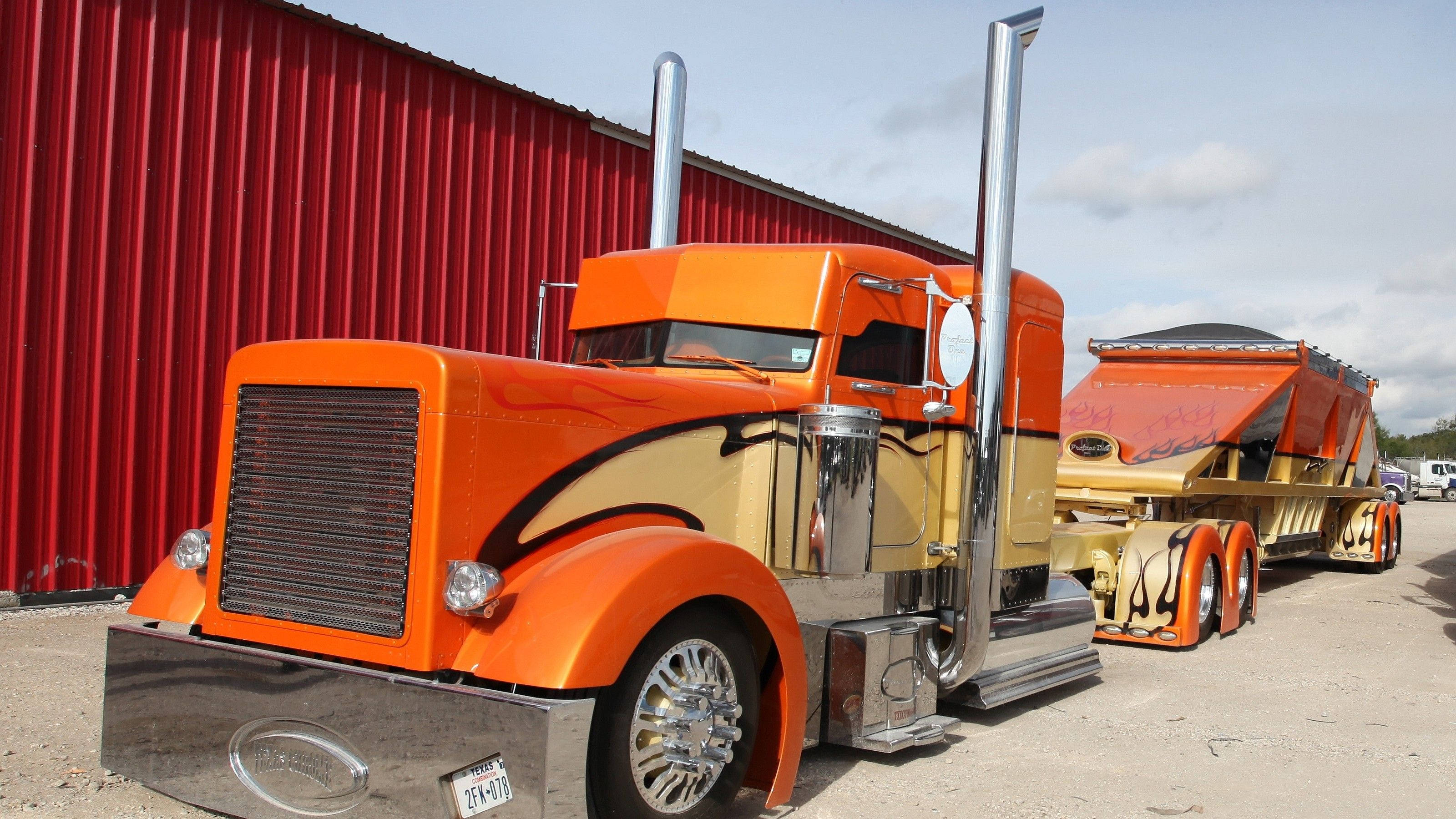 Peterbilt, orange, gold, 2K Desktop Wallpaper