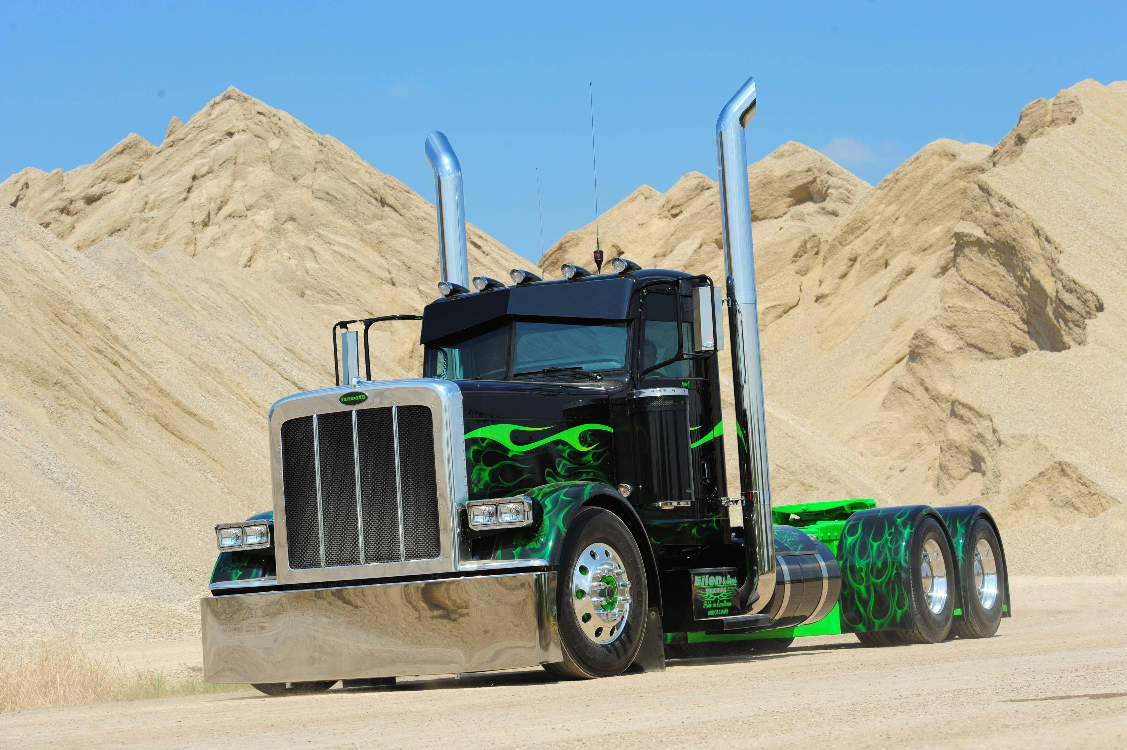 Peterbilt, black semi-truck, neon green flame decals, 2K Desktop Wallpaper