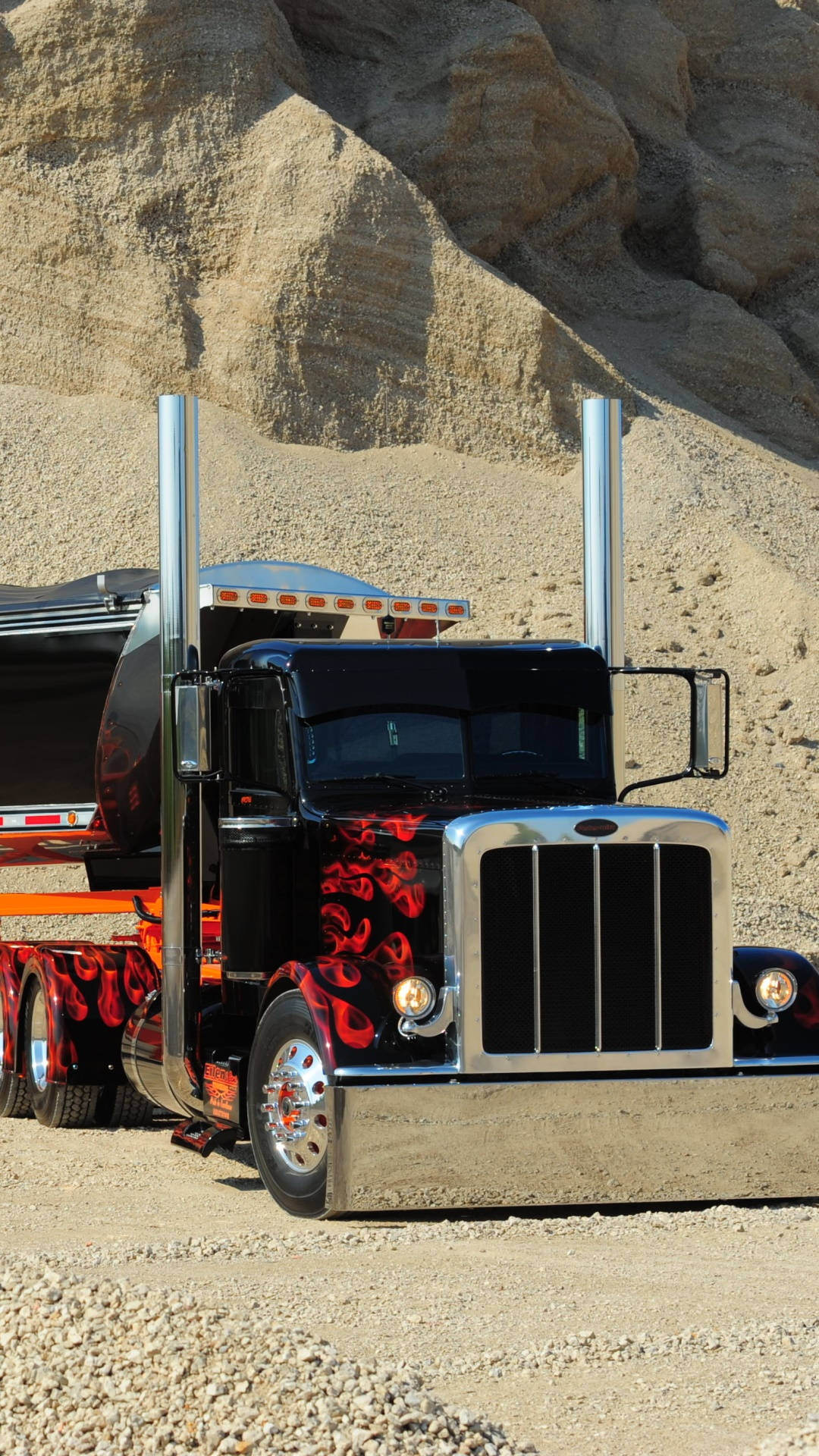Peterbilt, black semi-truck, red flame decals, Full HD Phone Wallpaper