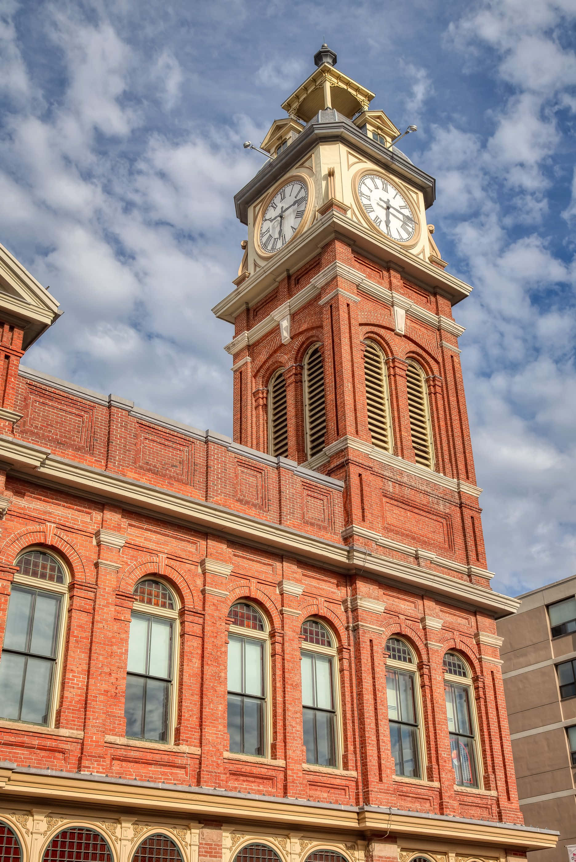 historic red brick clock tower, Peterborough, gold accents, 2K Phone Wallpaper