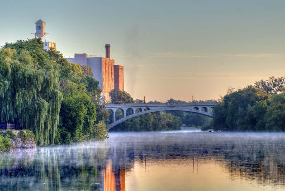Peterborough, river mistat dawn, stone bridge, SD Desktop Wallpaper