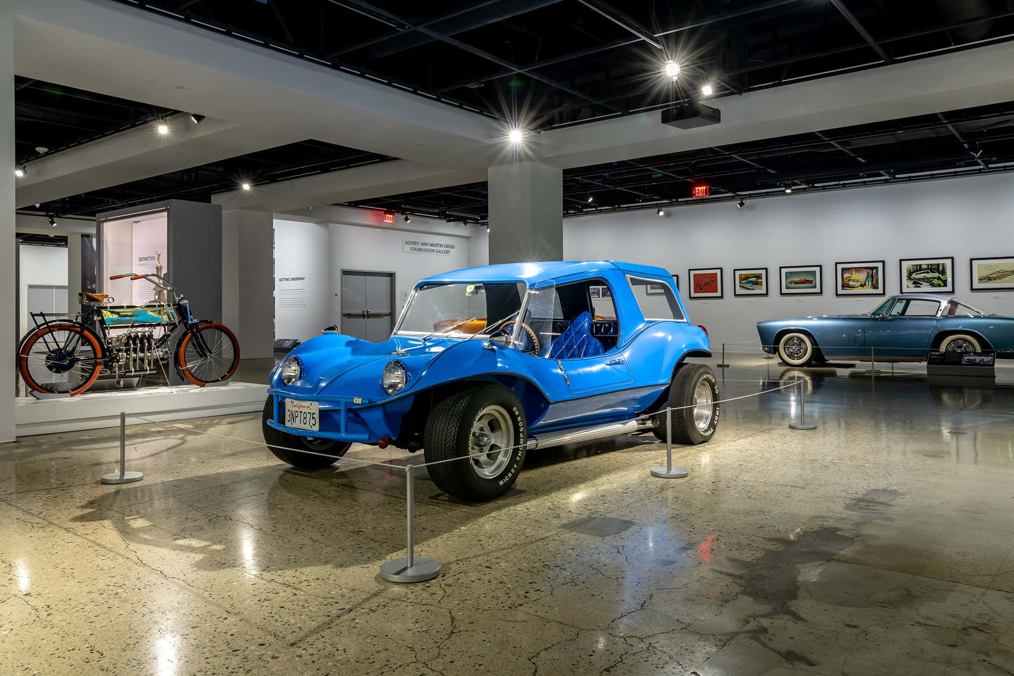 vintage blue dune buggy, polished concrete floors, spotlights, Full HD Desktop Wallpaper