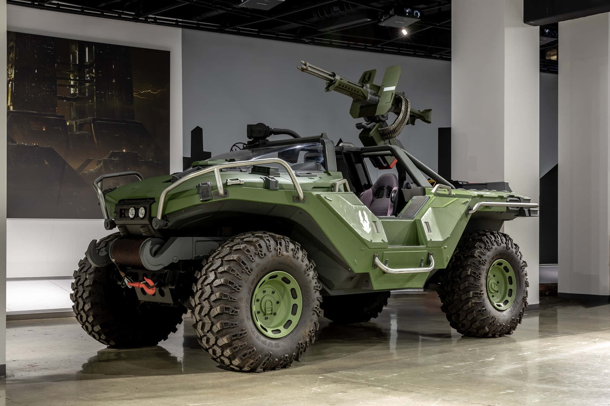 military style exhibit vehicle, Petersen Automotive Museum, olive green, Full HD Desktop Wallpaper