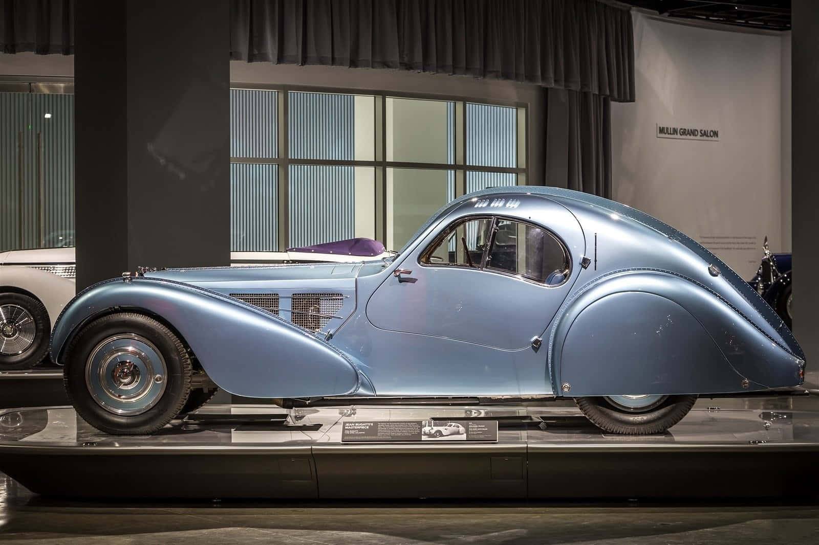 vintage blue sports car, purple interior, glass platform, HD Desktop Wallpaper