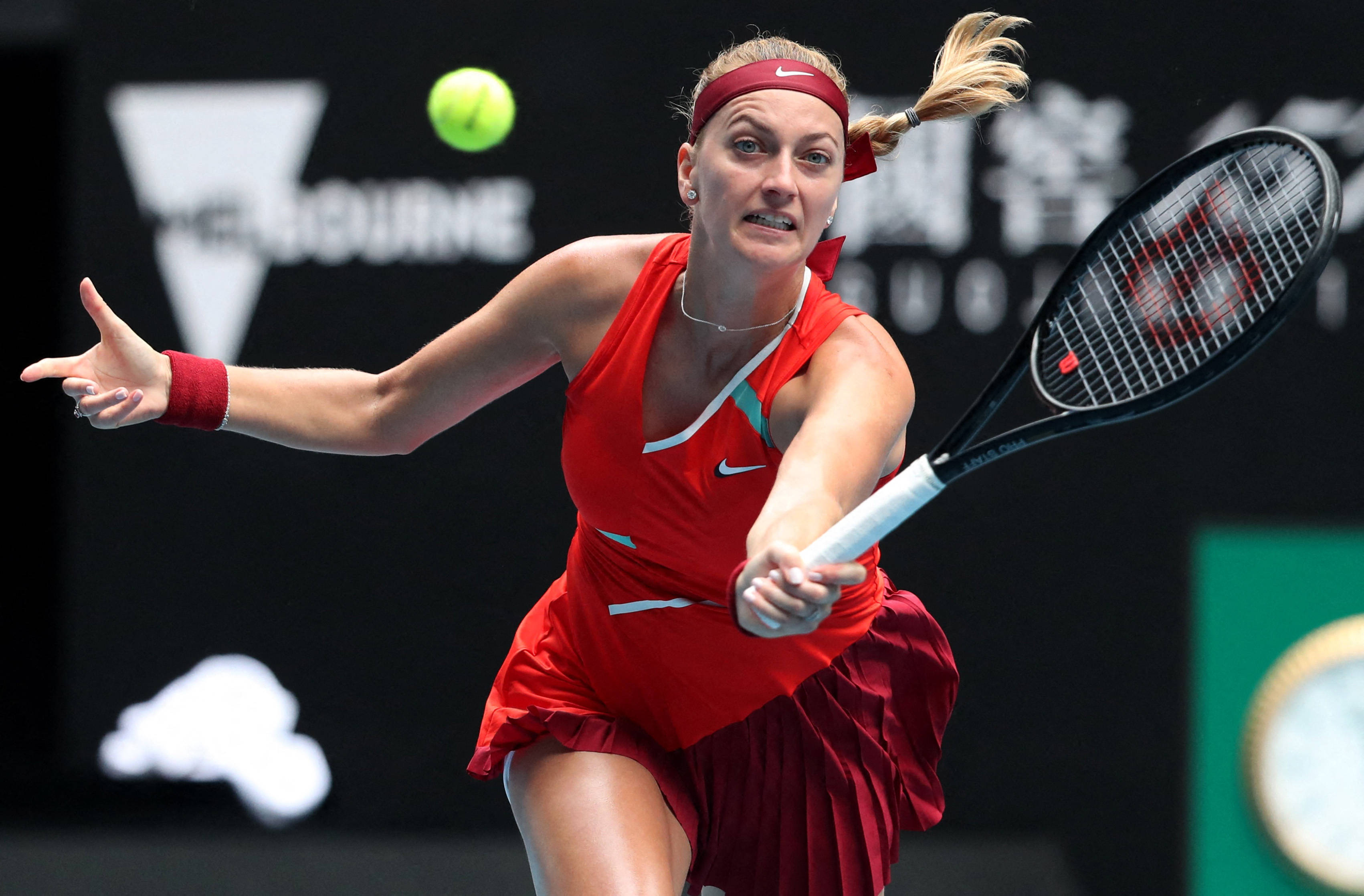Petra Kvitova, red outfit, bright green ball, 2K Desktop Wallpaper