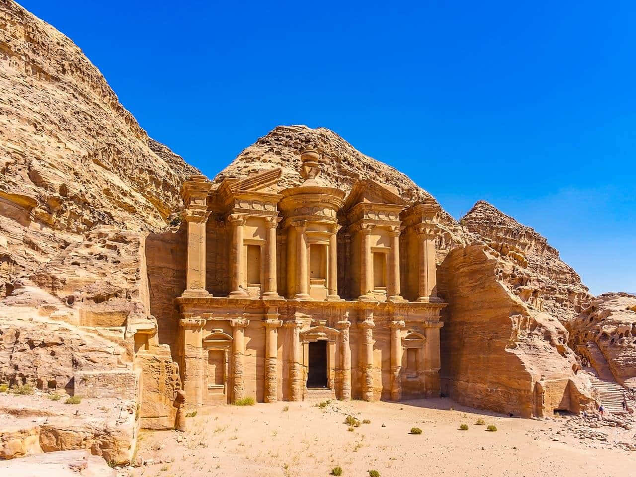 Ancient Monastery Facade, Petra, golden sandstone, HD Desktop Wallpaper