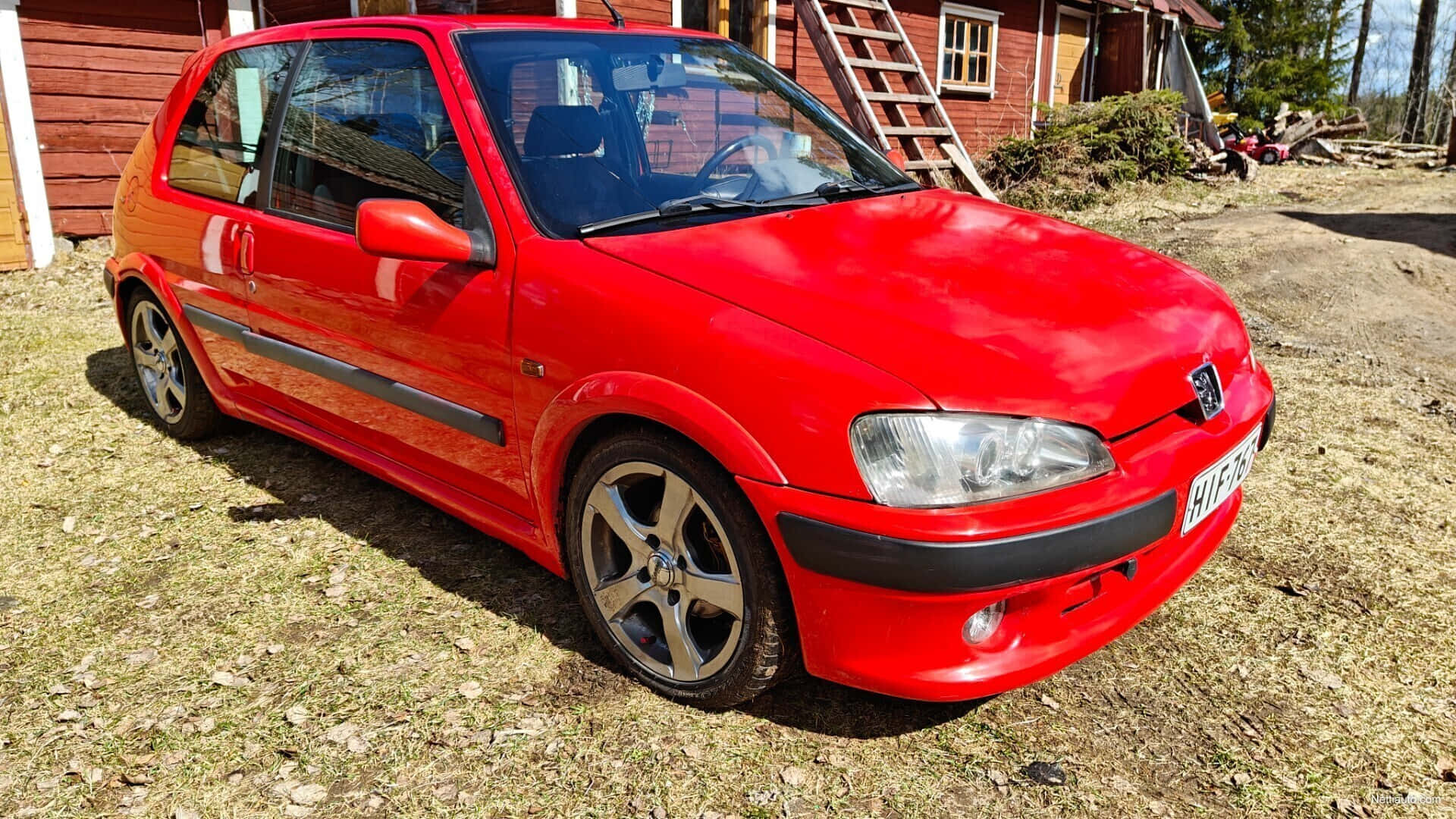 Peugeot 106, vibrant red, rustic wooden house, Full HD Desktop Wallpaper