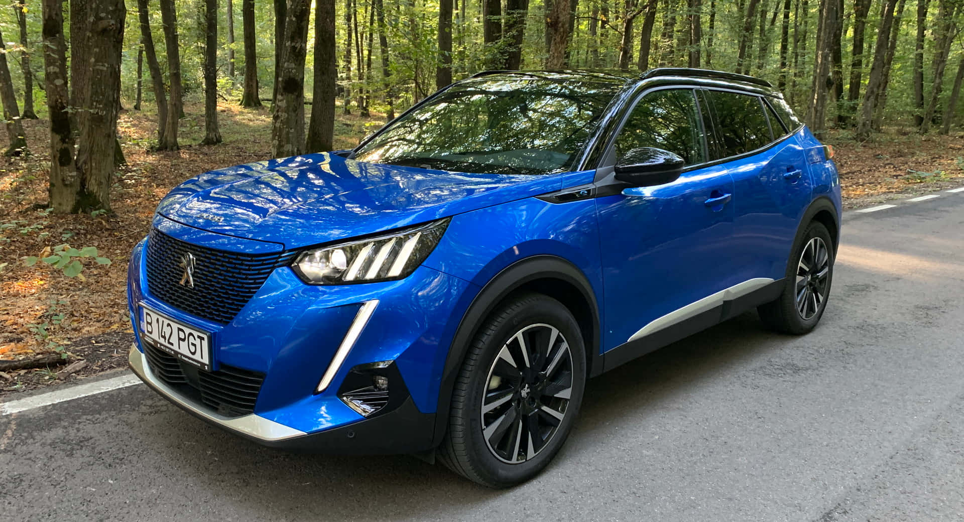 Peugeot 2008, vibrant blue, forest road, Full HD Desktop Wallpaper