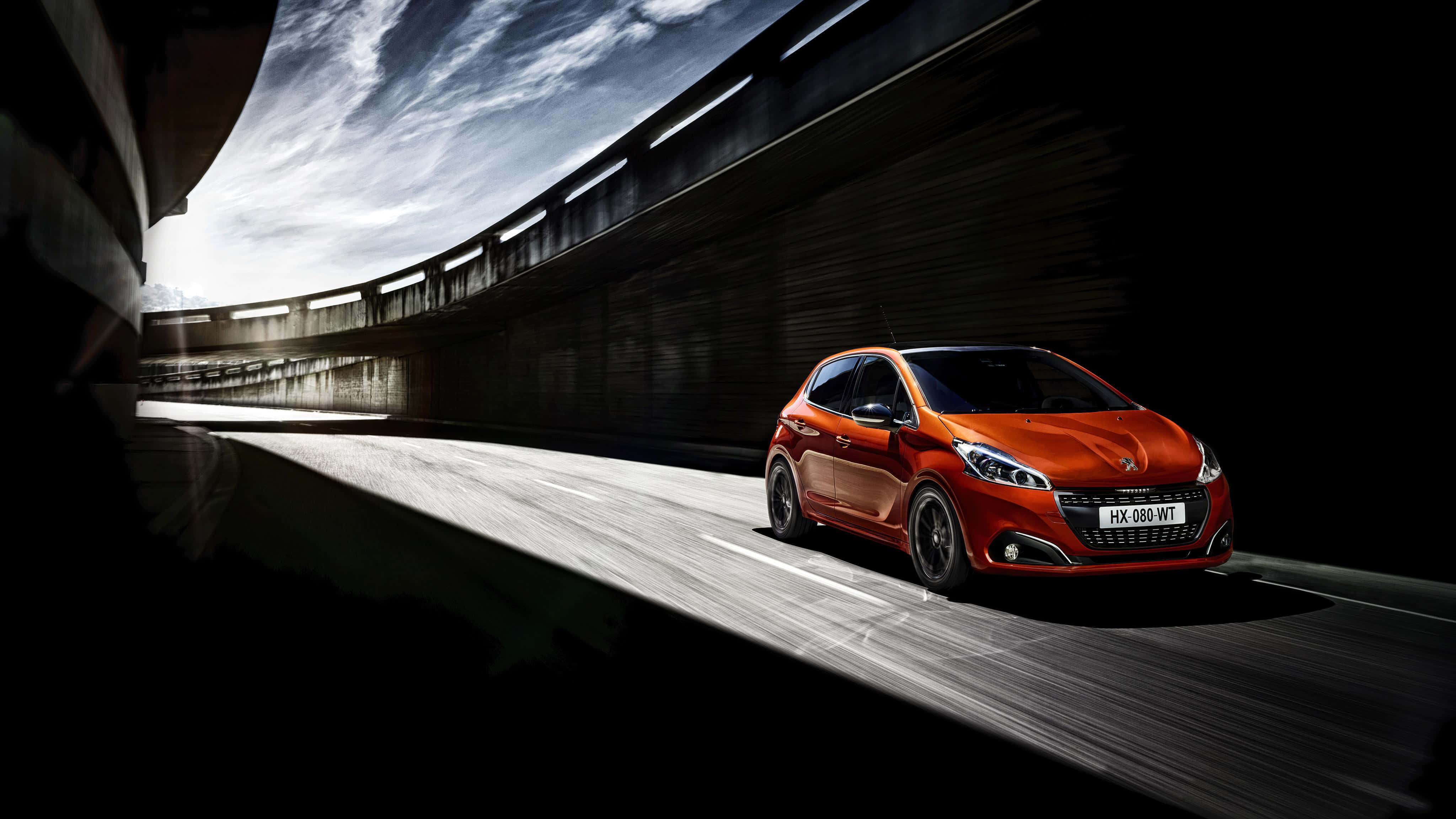 Peugeot 208, vibrant orange, dark tunnel, 4K Desktop Wallpaper