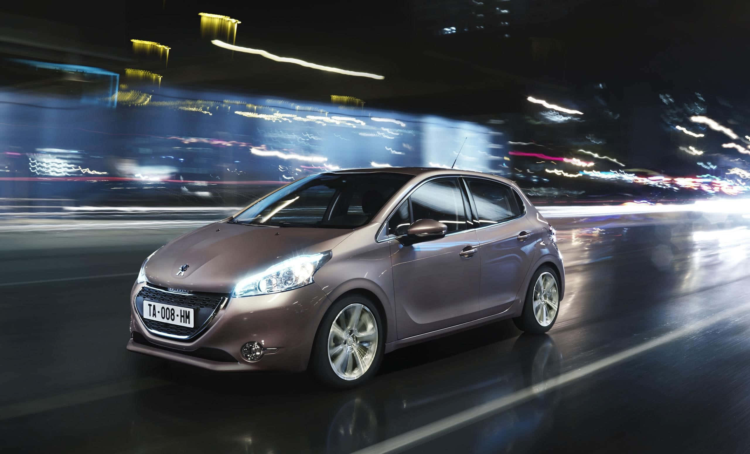 Peugeot 208, bronze, neon-lit city, 2K Desktop Wallpaper