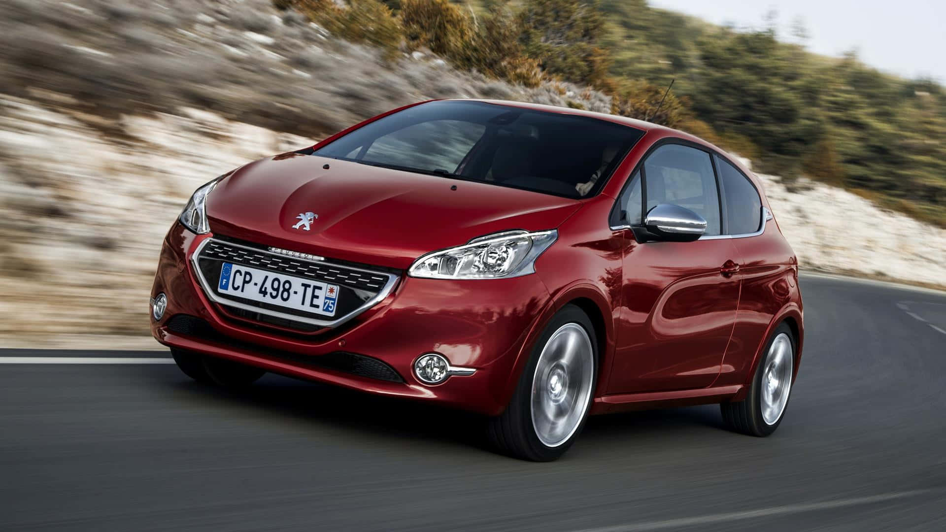 Peugeot 208, glossy red, winding mountain road, Full HD Desktop Wallpaper