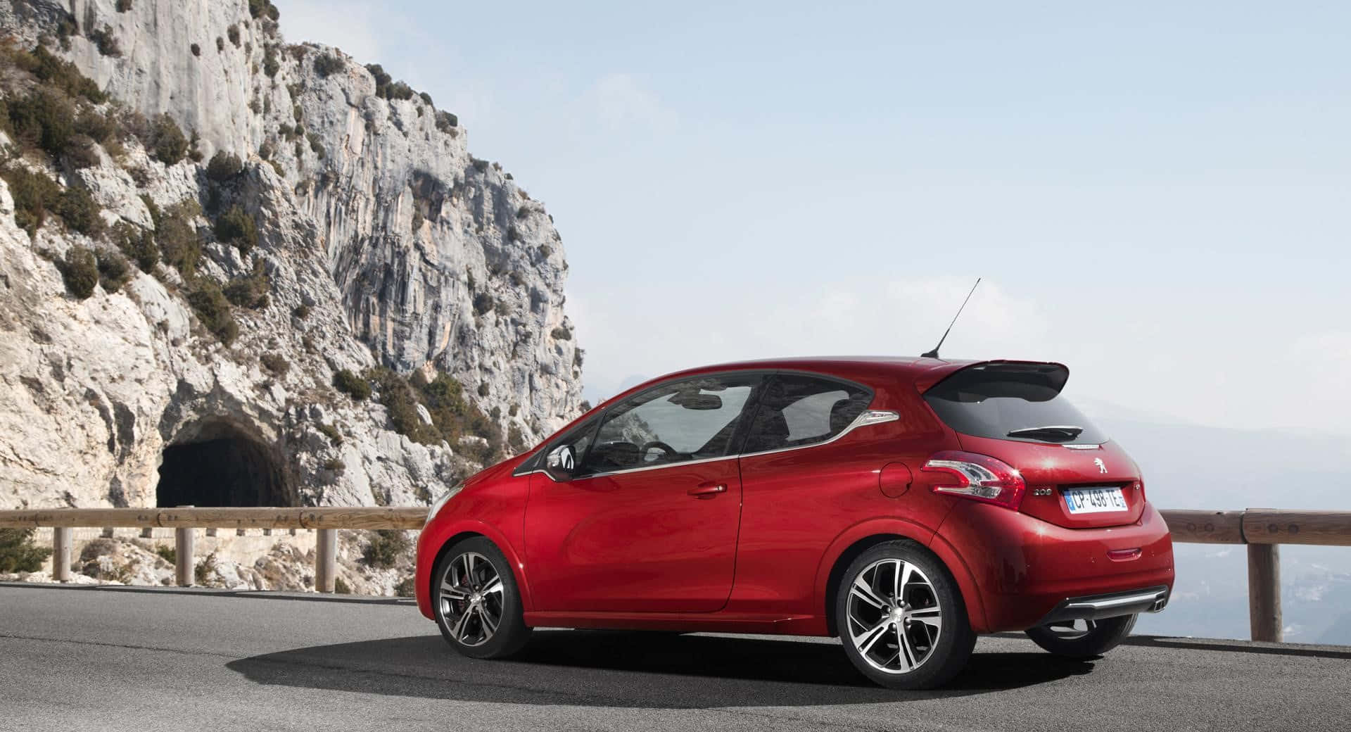 Peugeot 208, glossy red hatchback, coastal road, Full HD Desktop Wallpaper