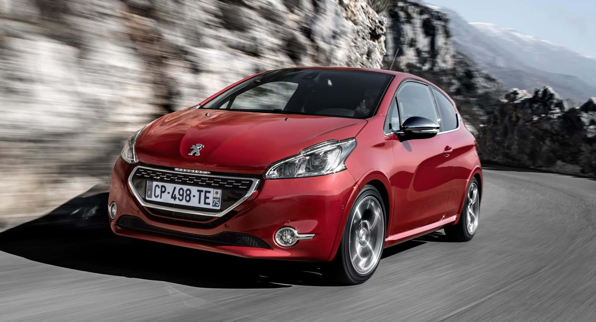 Peugeot 208, vibrant red, winding mountain road, Full HD Desktop Wallpaper