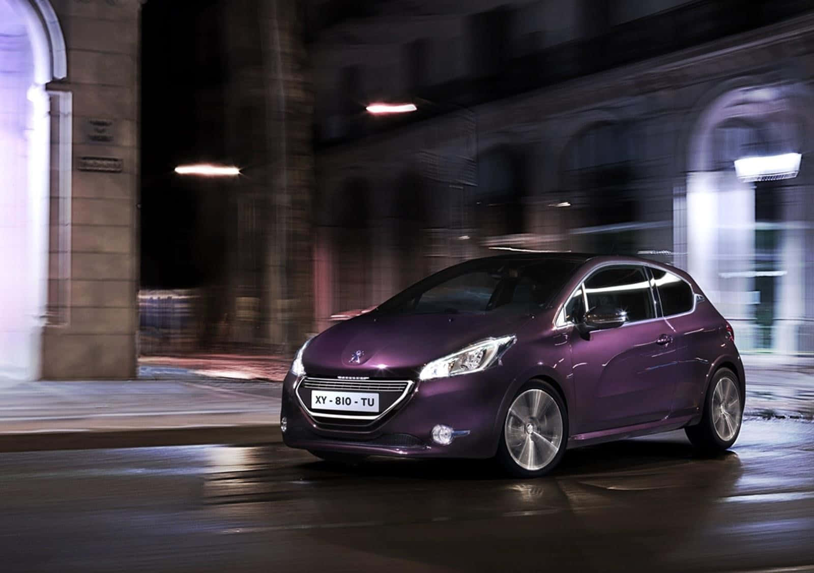 Peugeot 208, purple, rainy city street, HD Desktop Wallpaper