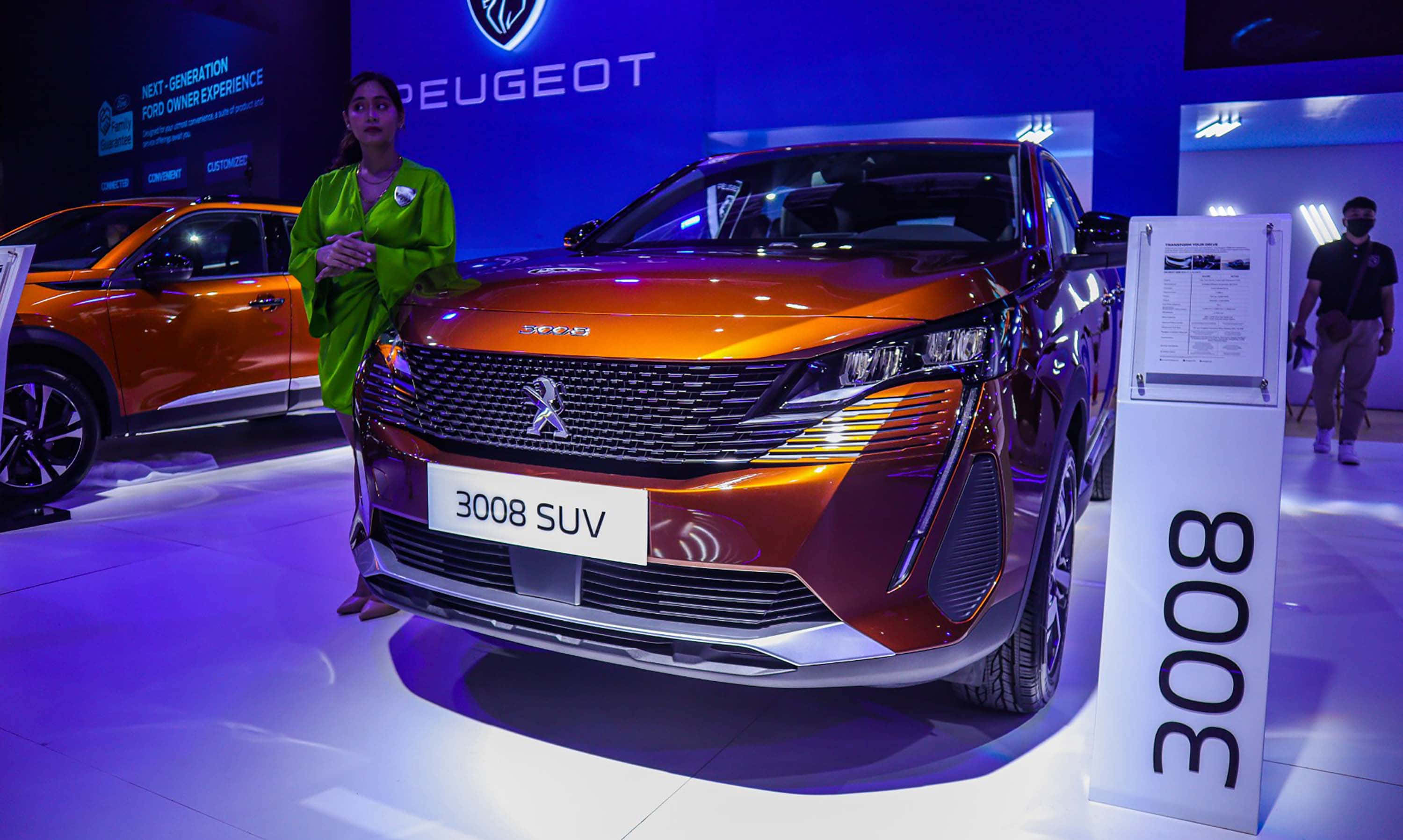 Peugeot 3008, vibrant orange, blue stage lights, 2K Desktop Wallpaper