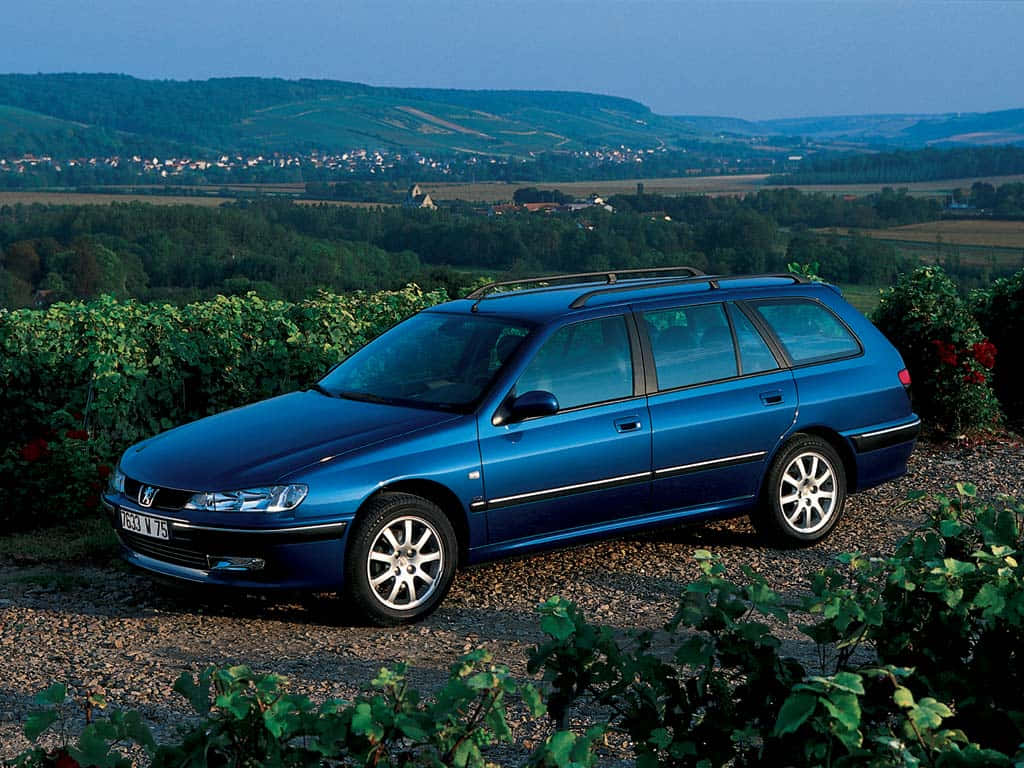 Peugeot 406, blue station wagon, gravel path, SD Desktop Wallpaper
