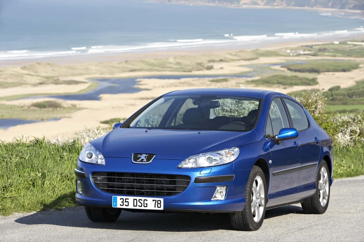 Peugeot 407, vibrant blue, coastal road, SD Desktop Wallpaper