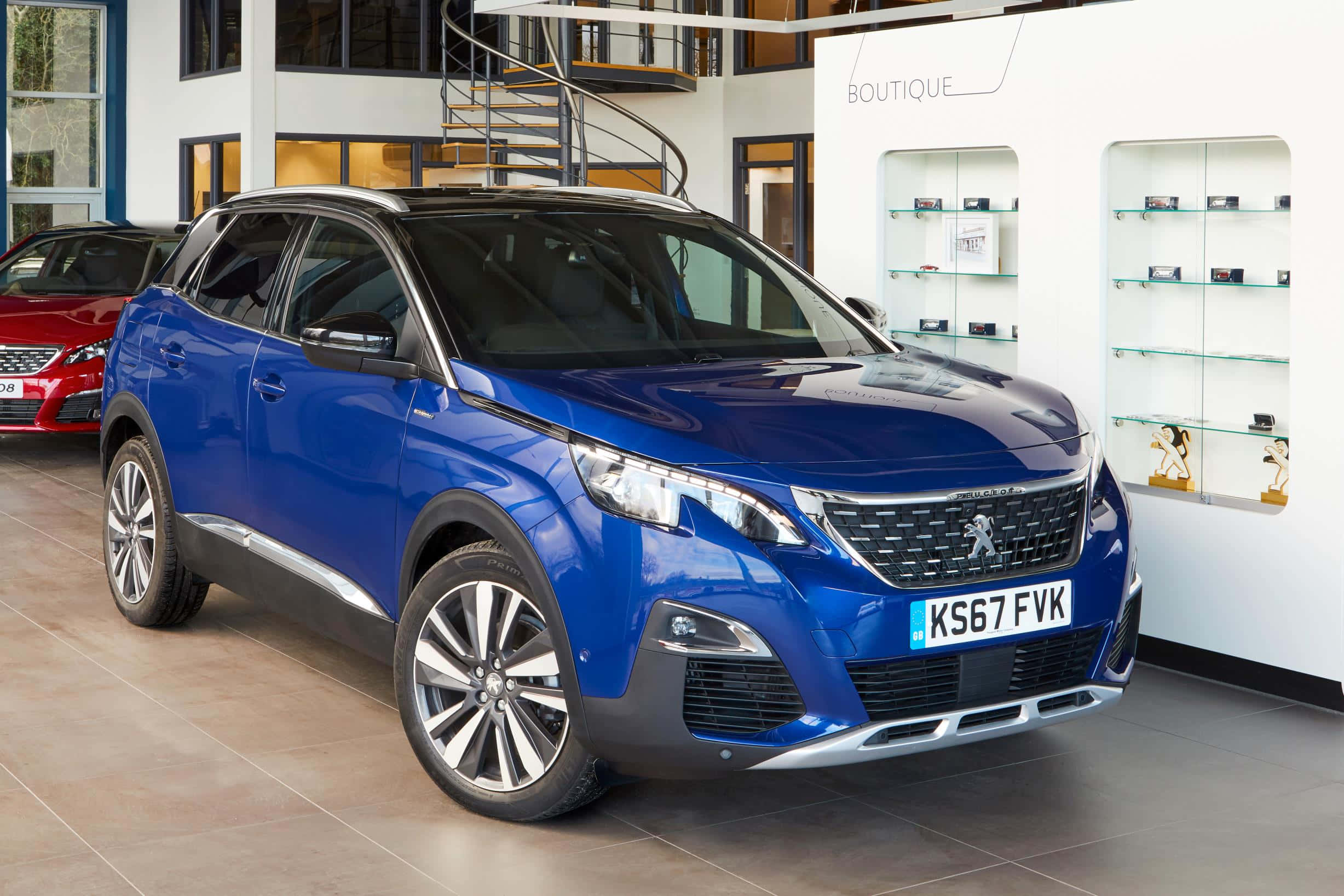 Peugeot 5008, glossy blue, modern car showroom, Full HD Desktop Wallpaper