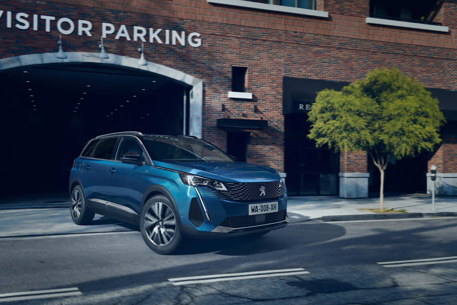 Peugeot 5008, sleek blue SUV, brick building, HD Desktop Wallpaper