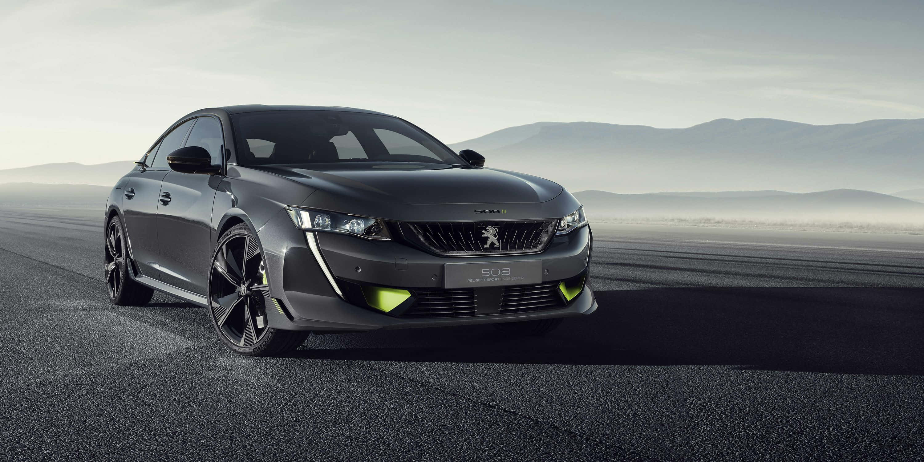 Peugeot 508, sleek gray, neon green accents, 2K Desktop Wallpaper