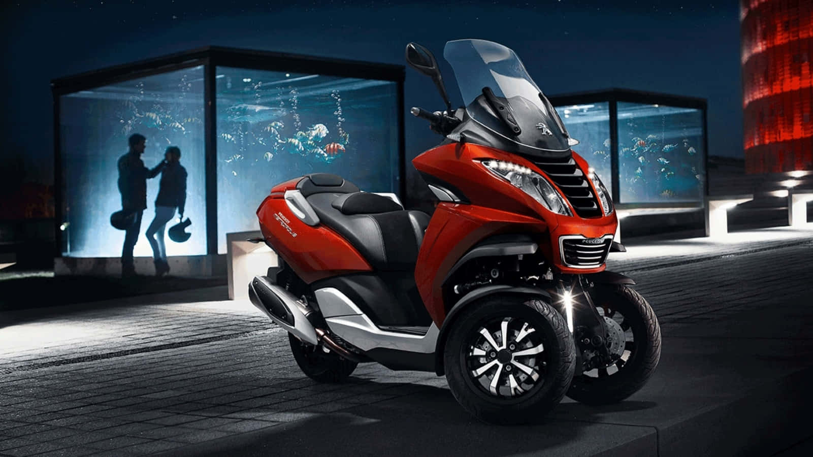 Peugeot Motorcycle, red three-wheeled scooter, night lights, HD Desktop Wallpaper