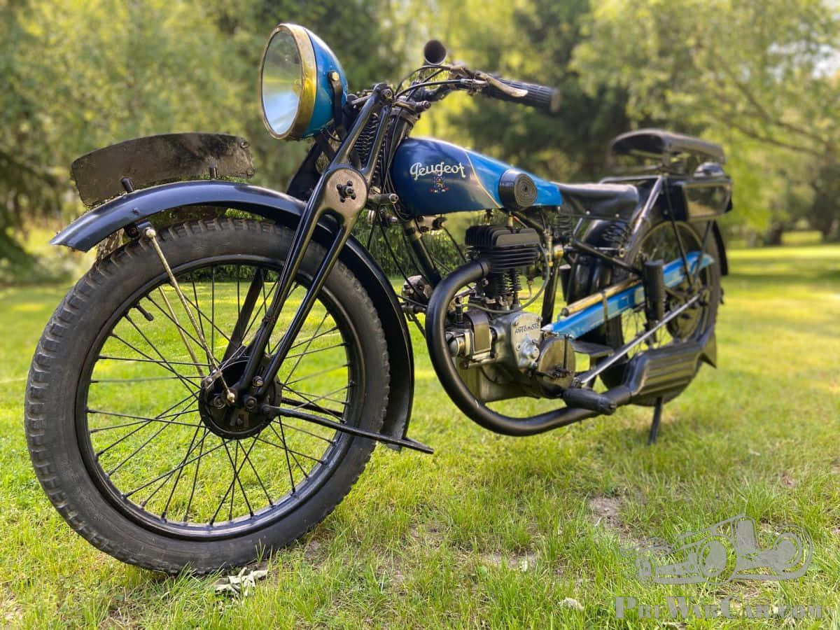 Vintage Peugeot Motorcycle, blue, grass, SD Desktop Wallpaper