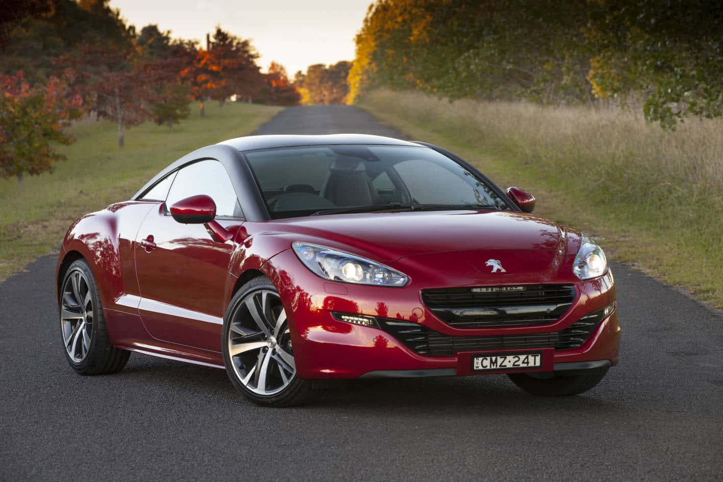 Peugeot RCZ, glossy red, tree-lined country road, HD Desktop Wallpaper