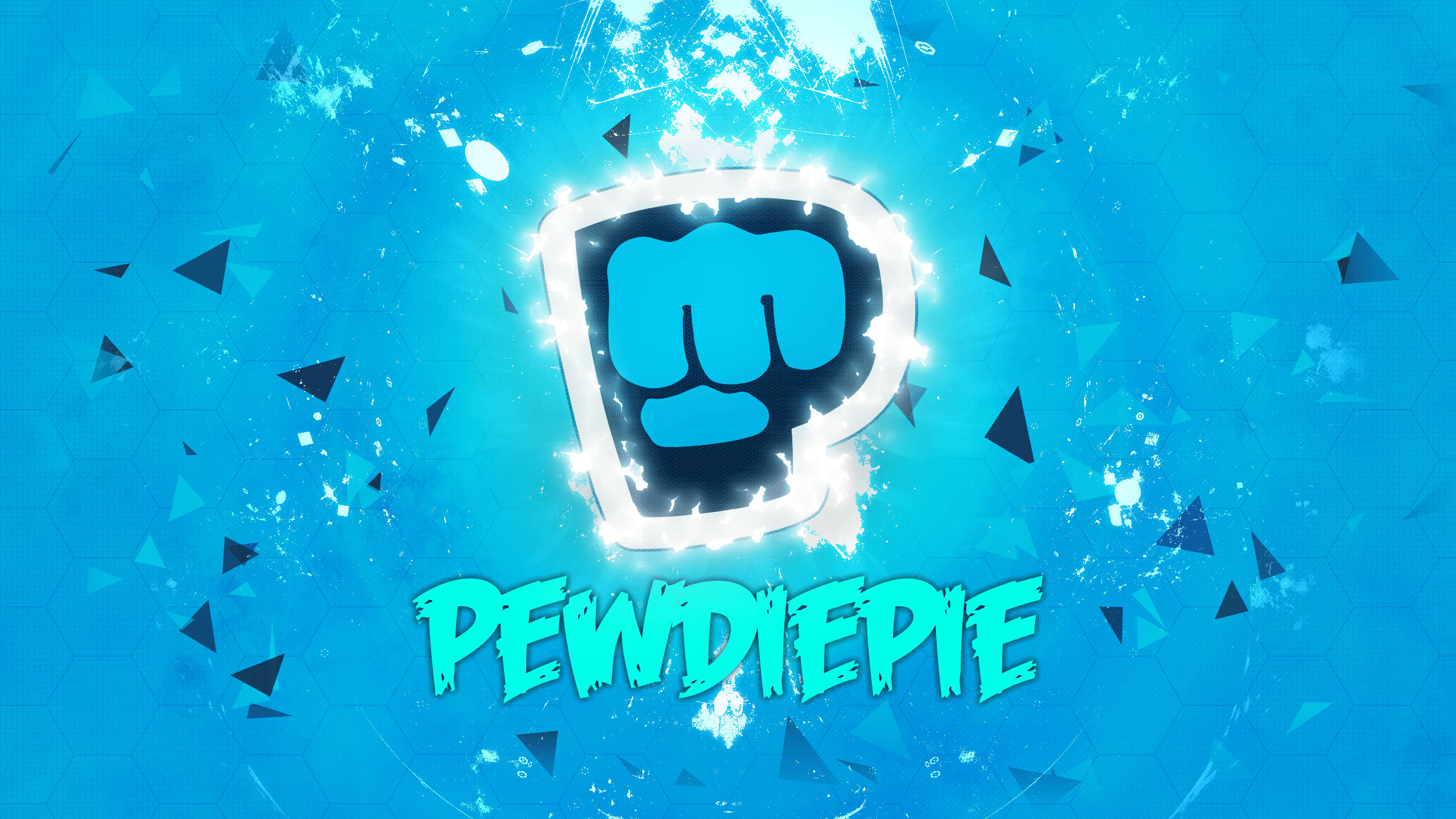 Pewdiepie, glowing blue fist, PEWDIEPIE text, 2K Desktop Wallpaper