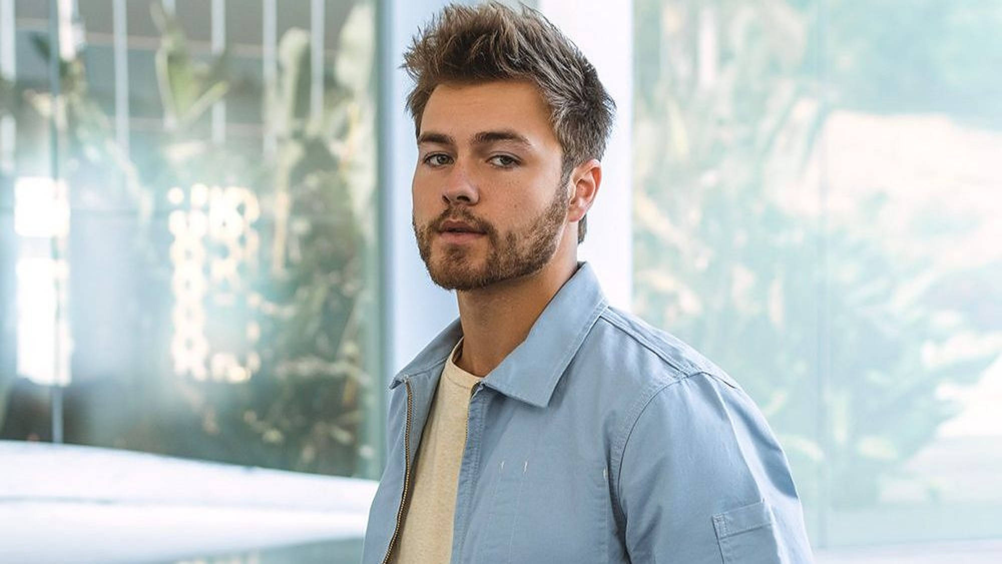 Peyton Meyer, light blue jacket, cream shirt, Full HD Desktop Wallpaper