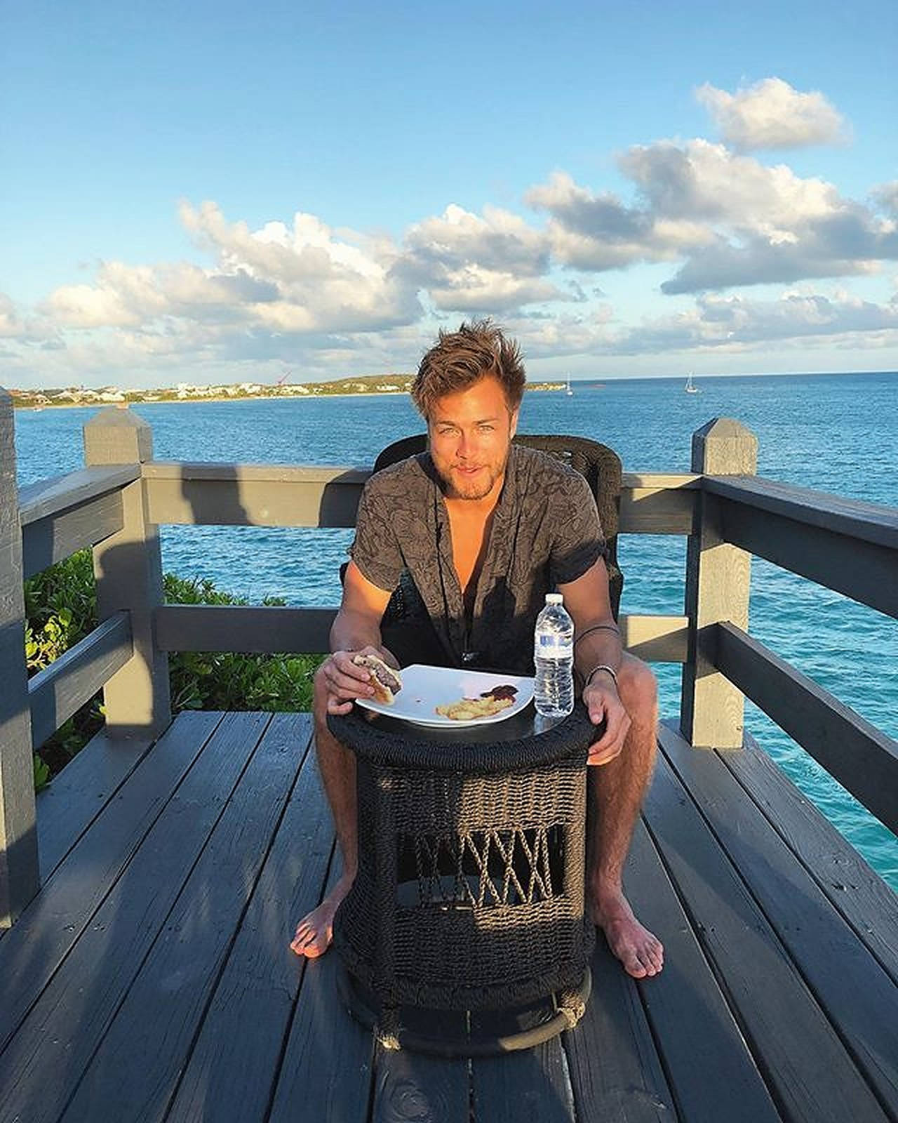 Peyton Meyer, wooden deck, vibrant blue ocean, HD Phone Wallpaper