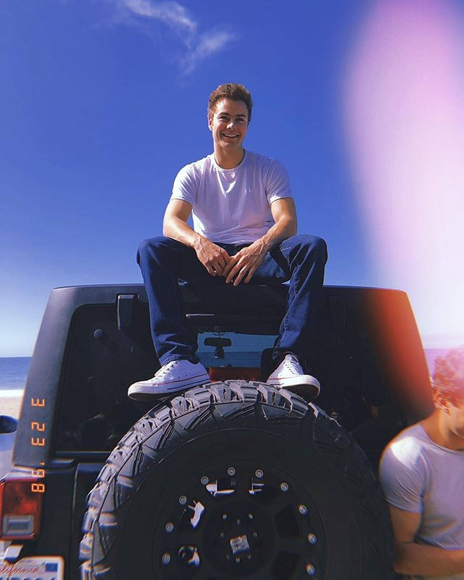 Peyton Meyer, black jeep, spare tire, Full HD Phone Wallpaper