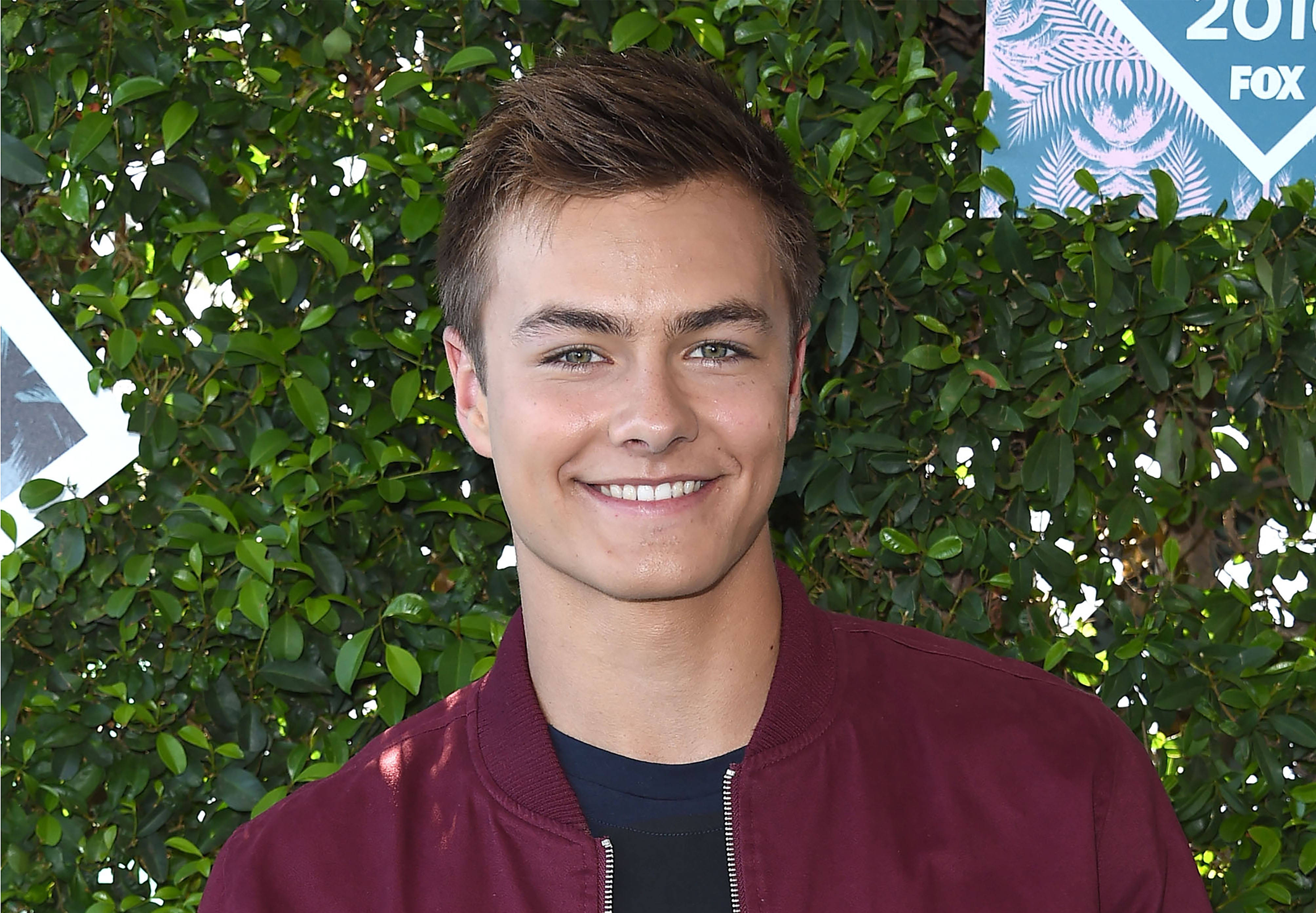 Peyton Meyer, maroon bomber jacket, lush green hedge, 4K Desktop Wallpaper