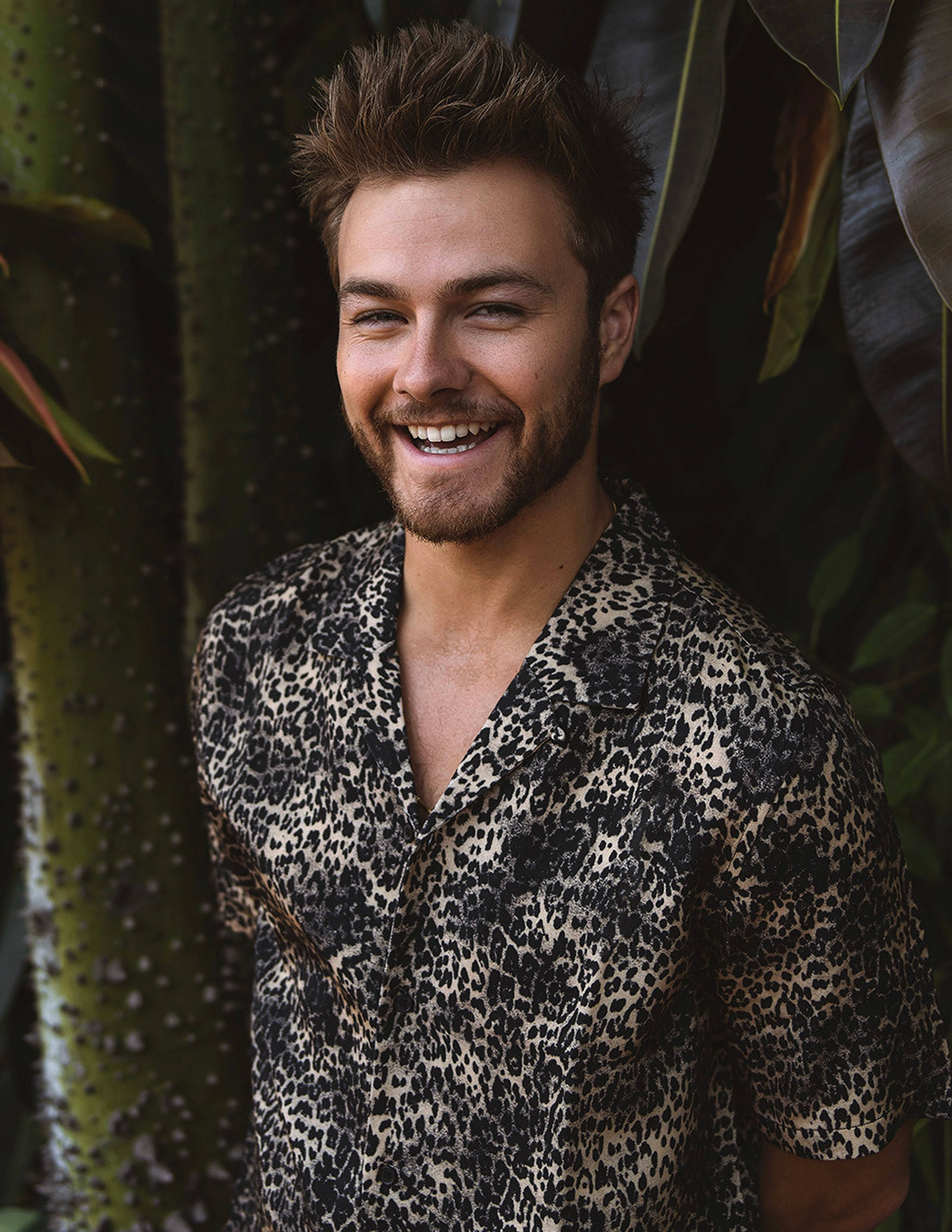 Peyton Meyer, leopard-print shirt, tropical foliage, Full HD Phone Wallpaper