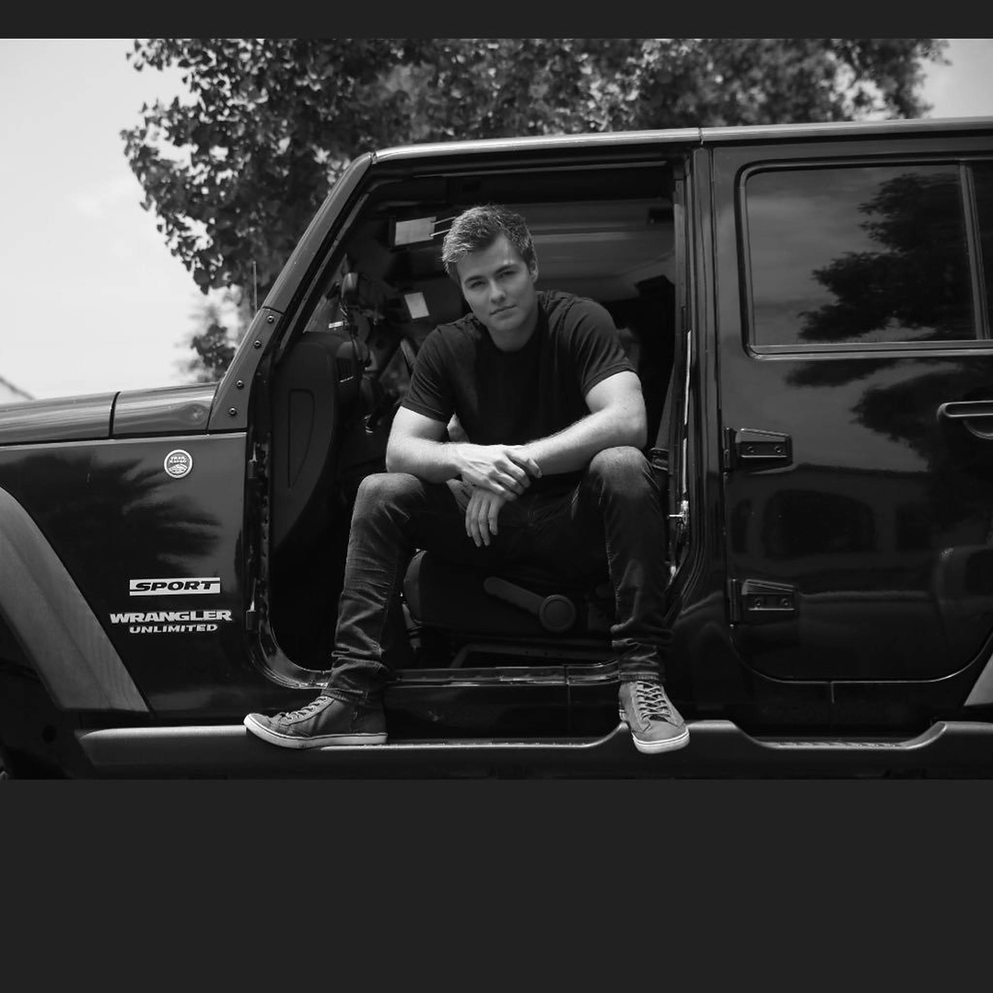 Peyton Meyer, black Jeep Wrangler Unlimited, trees, Full HD Desktop Wallpaper