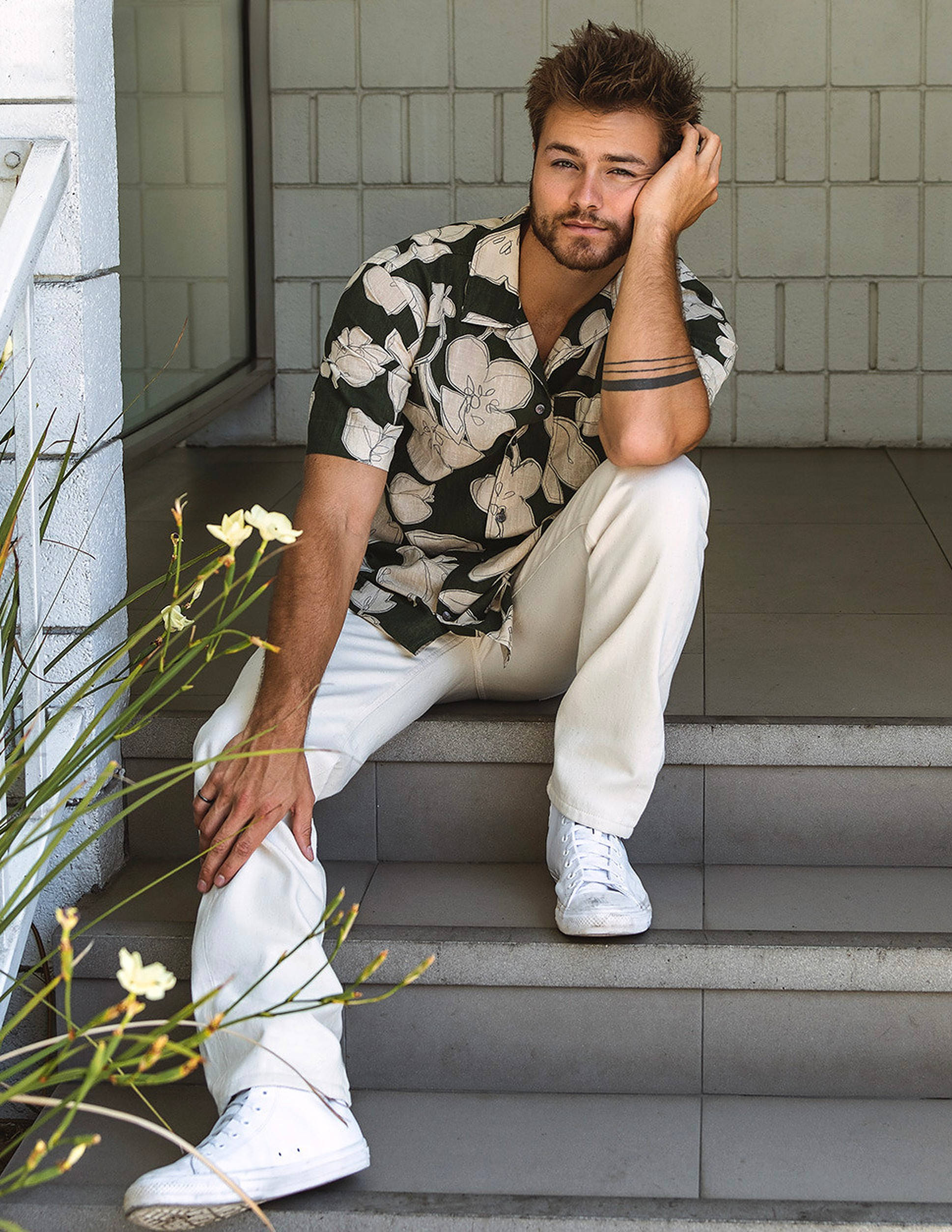 Peyton Meyer, floral shirt, white pants, Full HD Phone Wallpaper