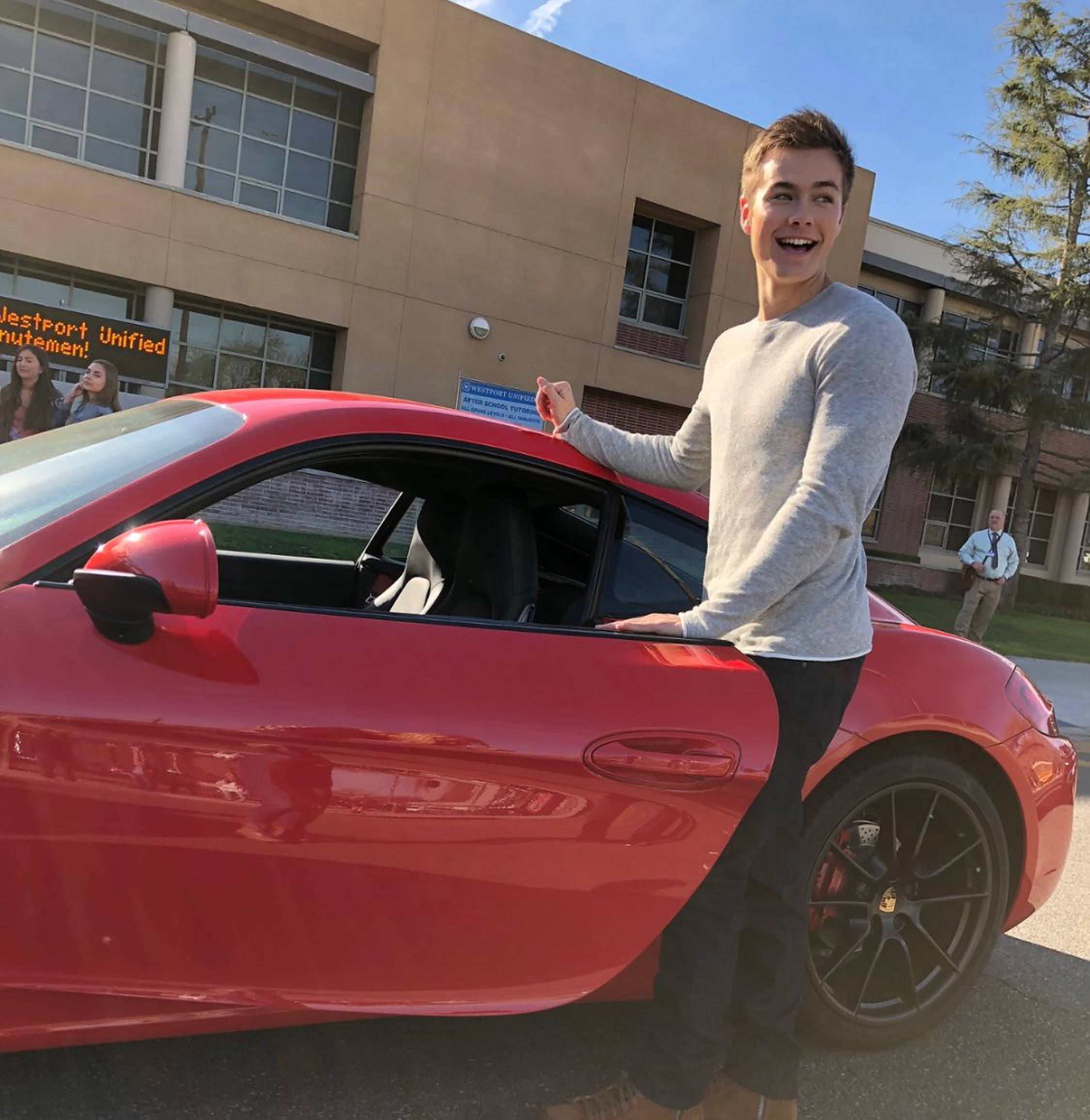 Peyton Meyer, red sports car, school building, Full HD Phone Wallpaper