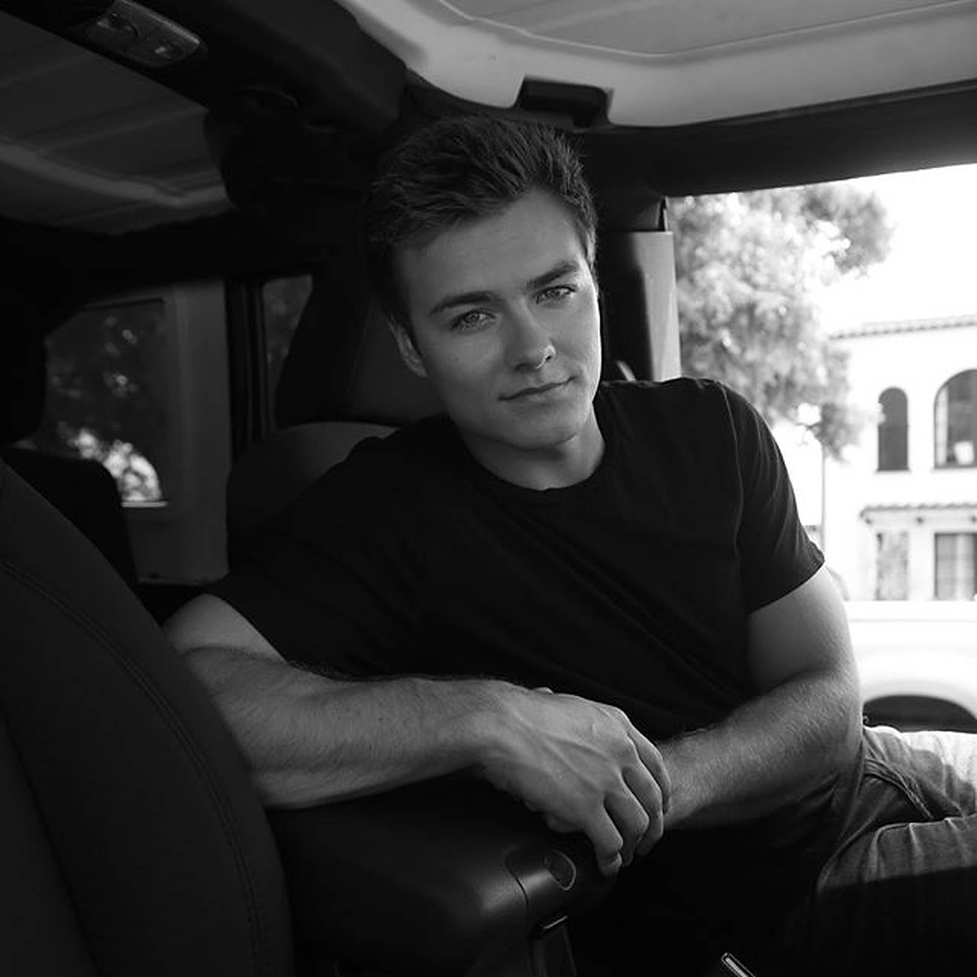 Peyton Meyer, black and white, car interior, Full HD Desktop Wallpaper
