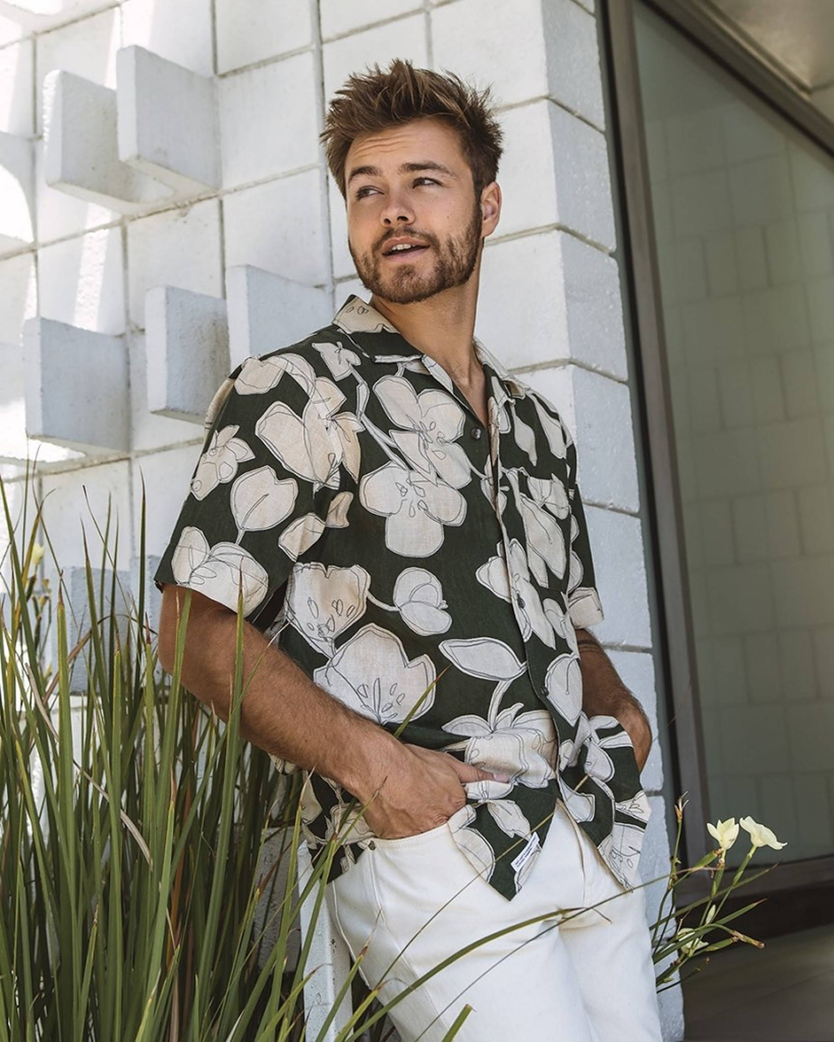 Peyton Meyer, floral shirt, modern white brick wall, Full HD Phone Wallpaper
