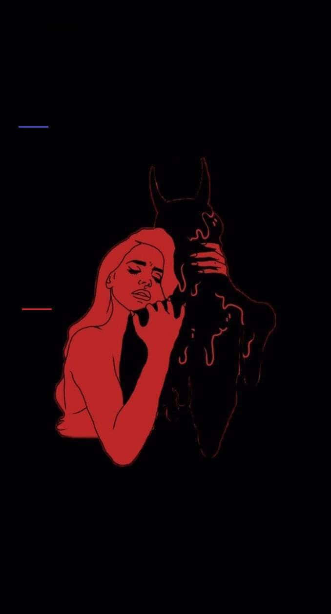 red-inked woman, shadowy figure with horns, black background, SD Phone Wallpaper