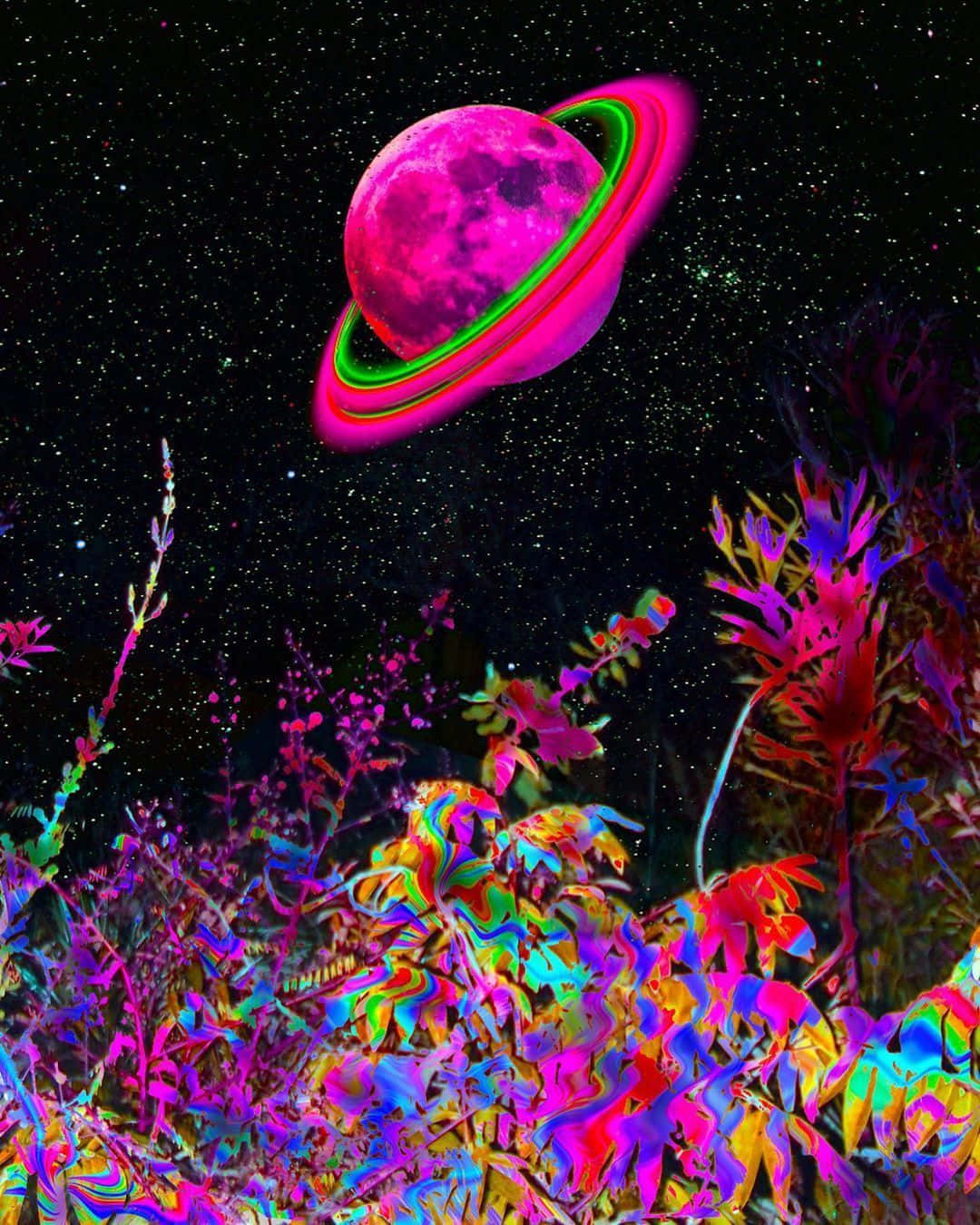 neon colors, glowing pink planet, neon rings, HD Phone Wallpaper