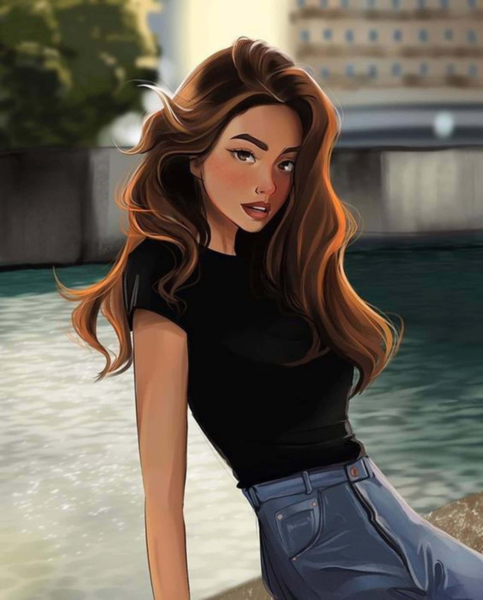 girl cartoon pfp, beautiful young woman, flowing brown hair, Full HD Phone Wallpaper