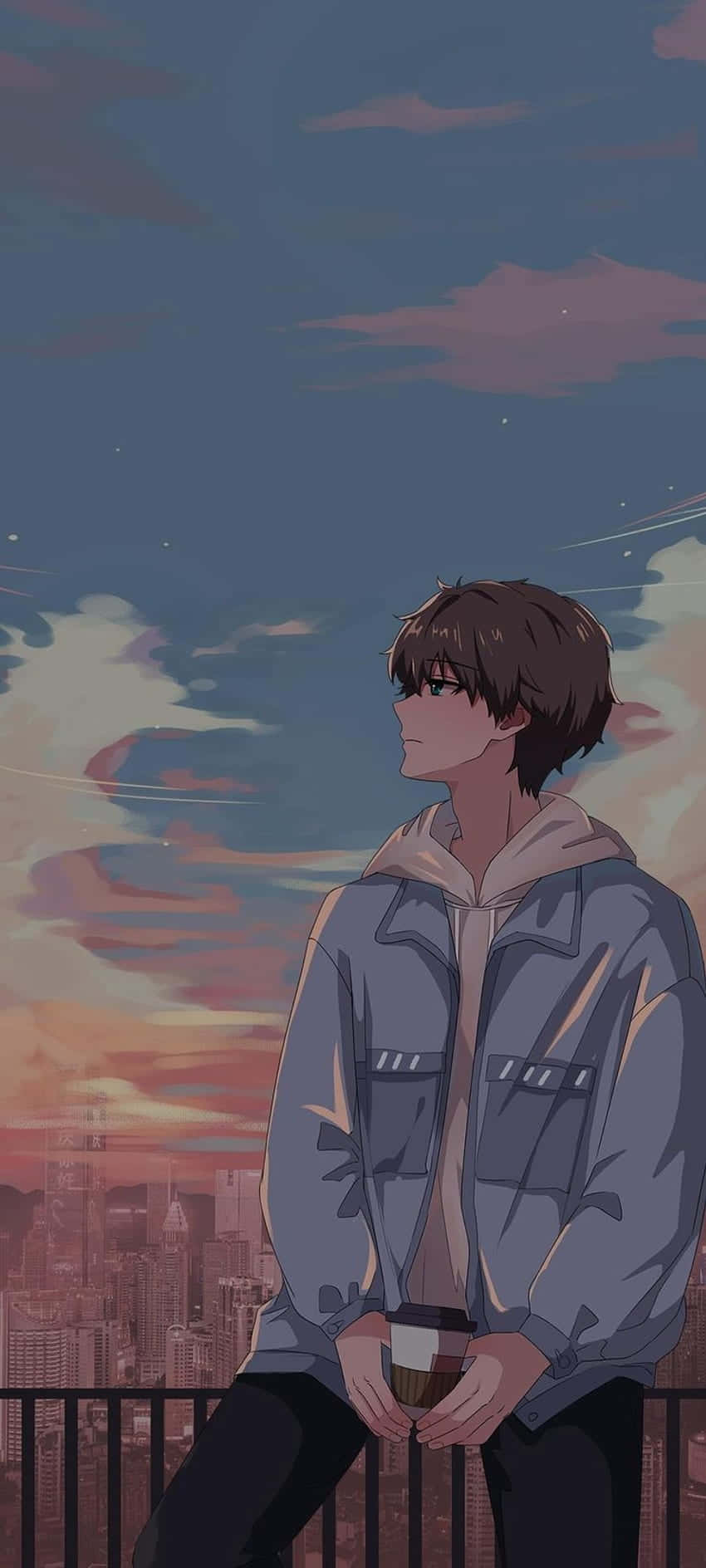 anime boy, hoodie, city skyline, HD Phone Wallpaper