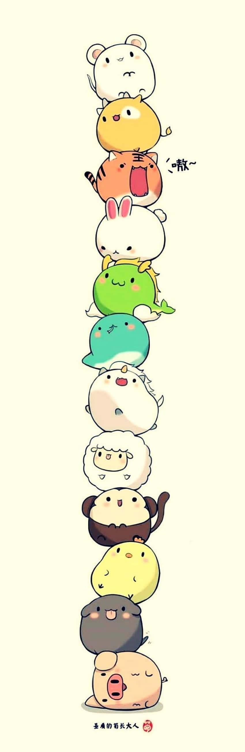 cute cartoon animals, pastel backgrounds, vertical stack, 2K Phone Wallpaper