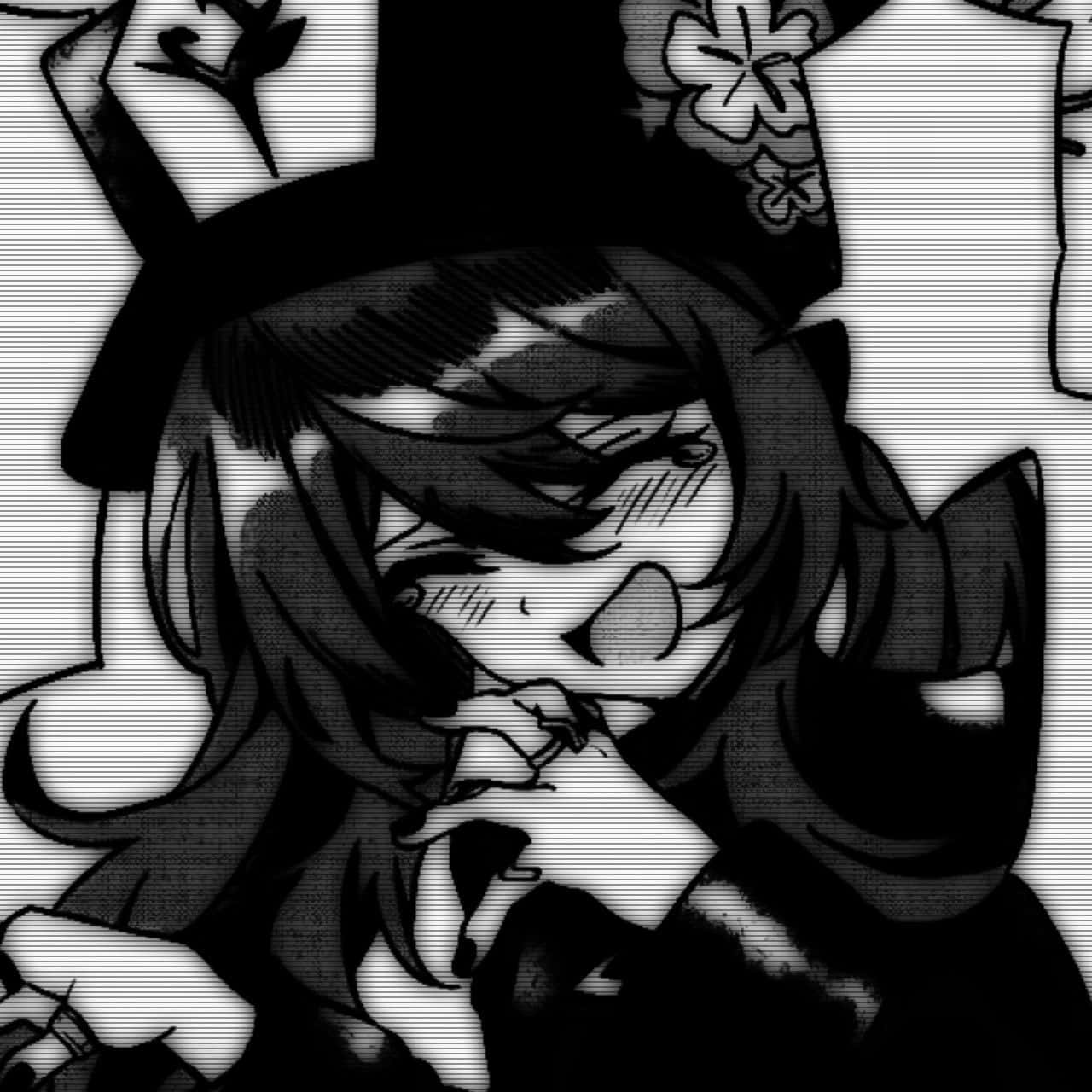 black and white anime girl, long hair, top hat, HD Desktop Wallpaper