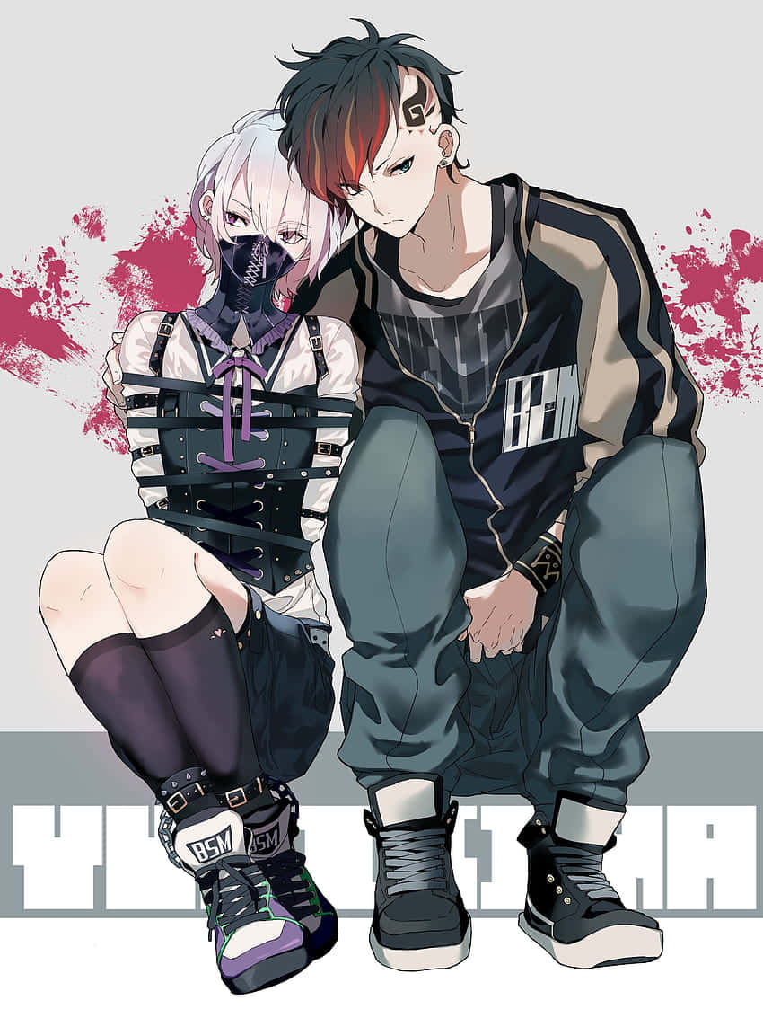 anime couple, gray background, pink splatters, SD Phone Wallpaper
