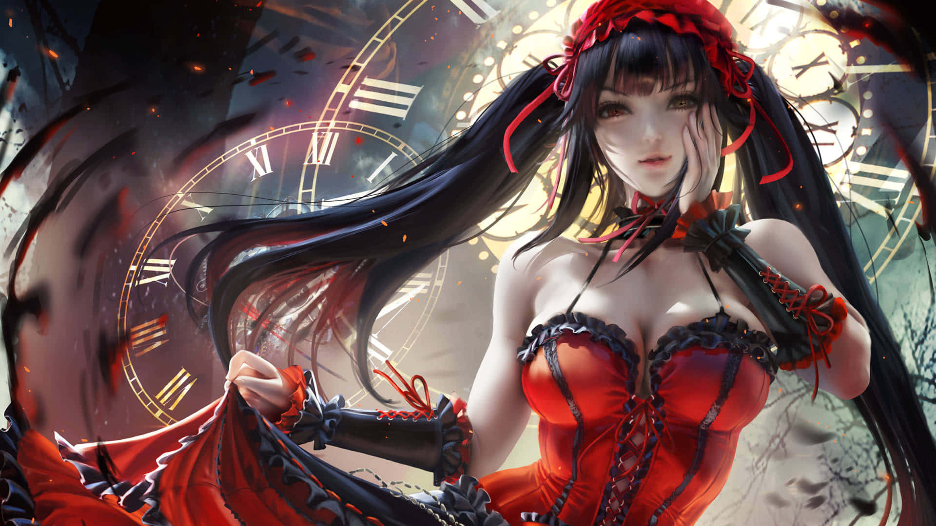 Red Dress Girl, red corset, black lace, Full HD Desktop Wallpaper