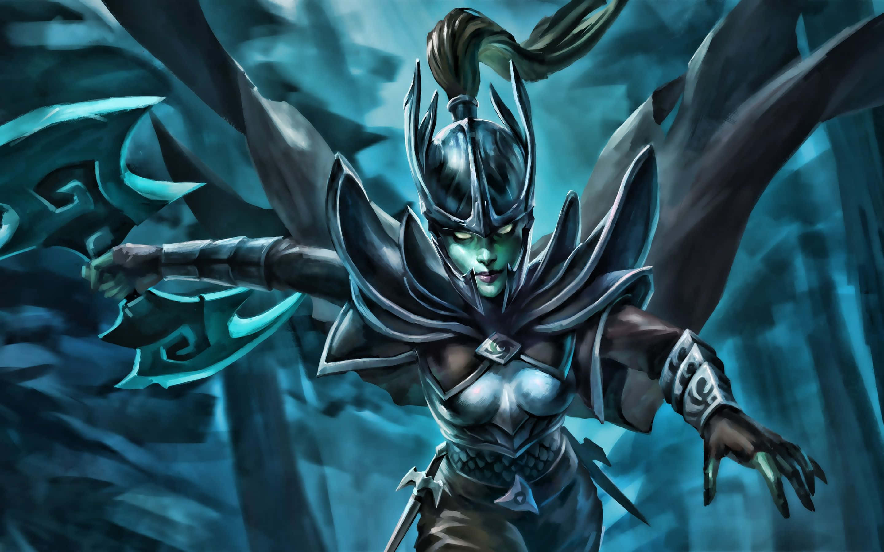 Phantom Assassin, green-skinned warrior, ornate dark armor, 2K Desktop Wallpaper
