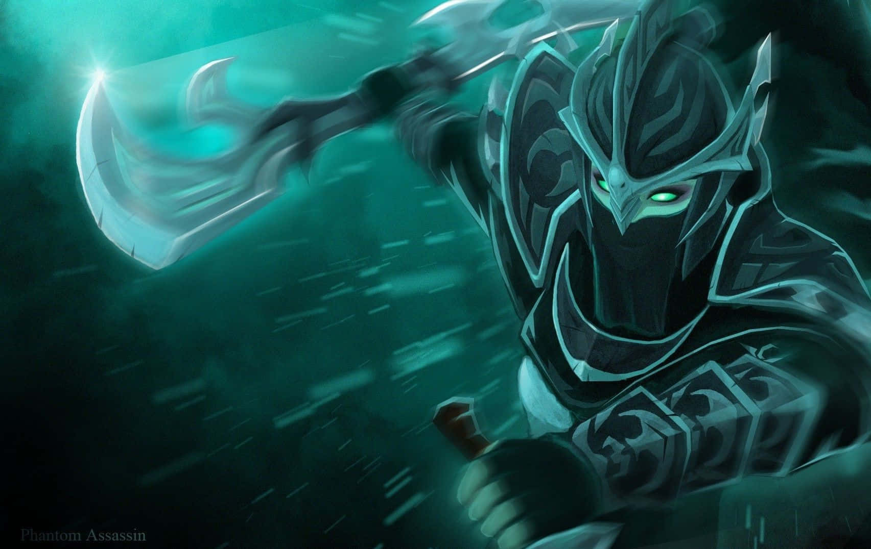 Phantom Assassin, glowing green eyes, curved blade, HD Desktop Wallpaper