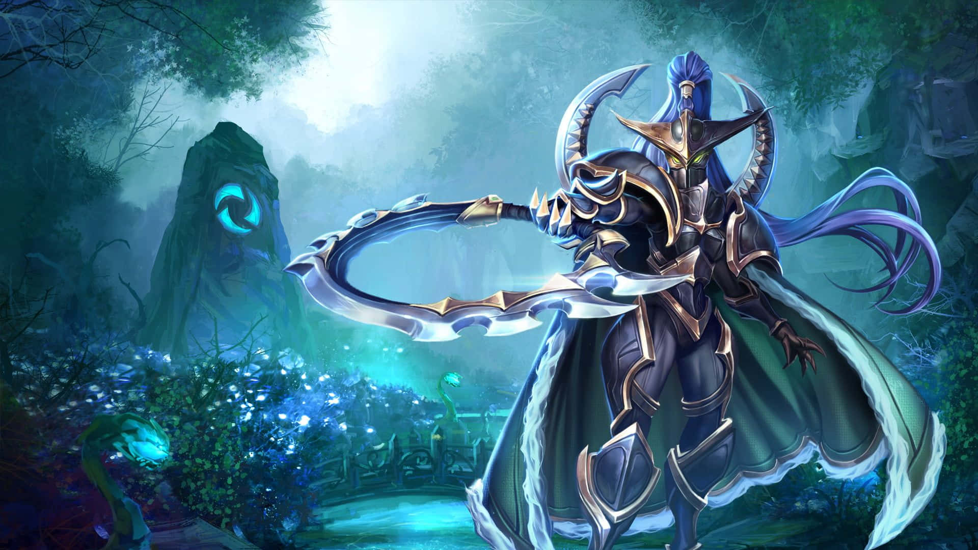 Phantom Assassin, crescent blade, glowing mystical forest, Full HD Desktop Wallpaper